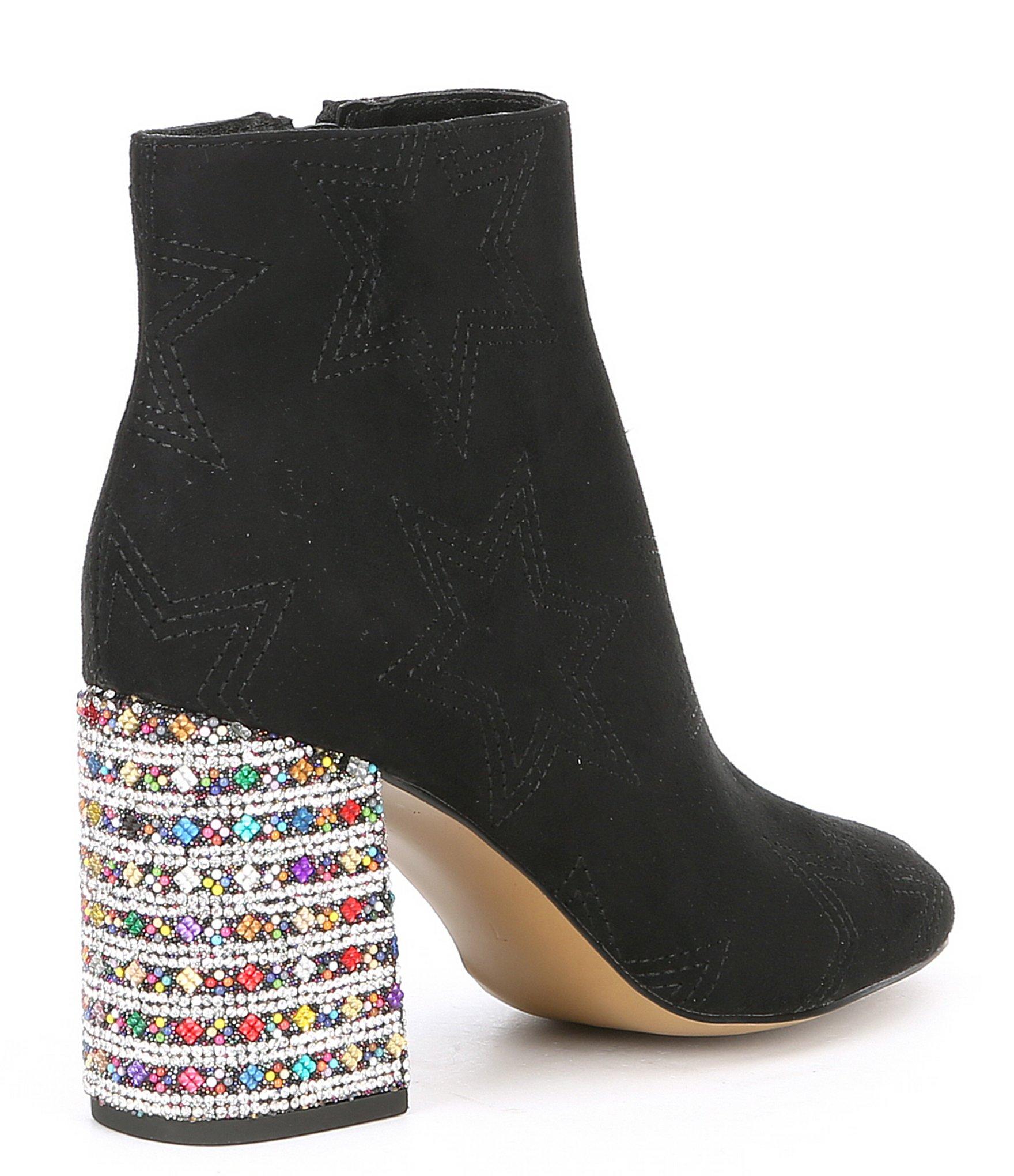 Betsey Johnson Barrette Suede Rhinestone Embellished Block Heel Booties ...