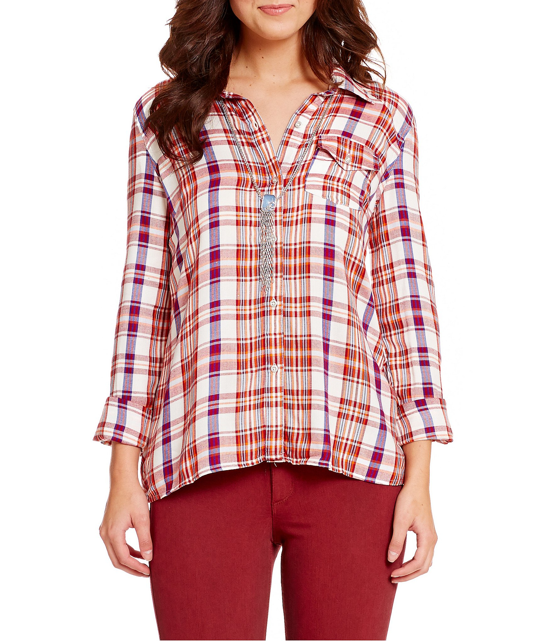 Jessica simpson Nomad Button-front Plaid Shirt in Red | Lyst