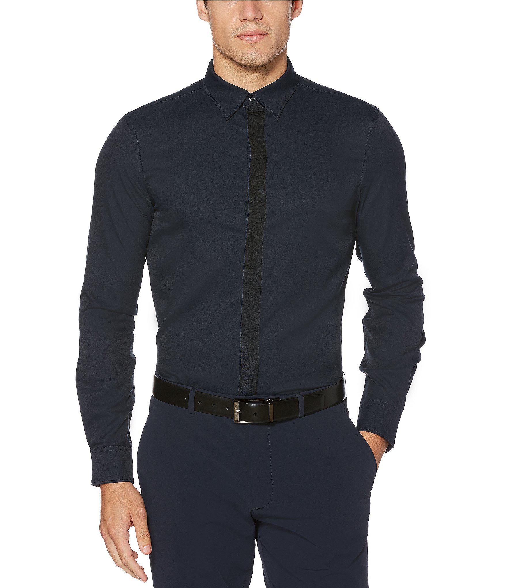 Perry Ellis Slim-fit Solid Stretch Long-sleeve Contrast Tape Woven ...