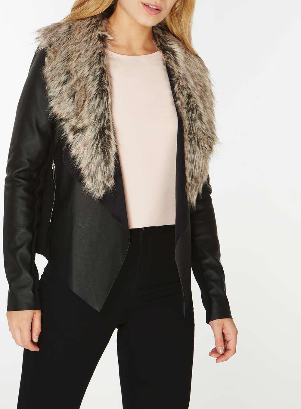Dorothy Perkins Black Faux Fur Collar Waterfall Jacket In Lyst Gallery