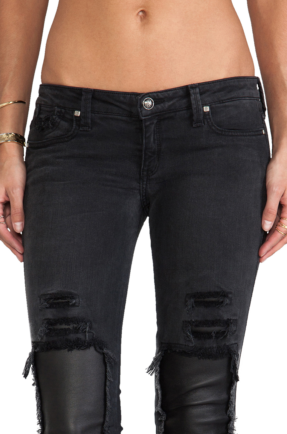 Lyst - Frankie B. Jeans Destroyed Leather Patch Jegging In Black Fade ...