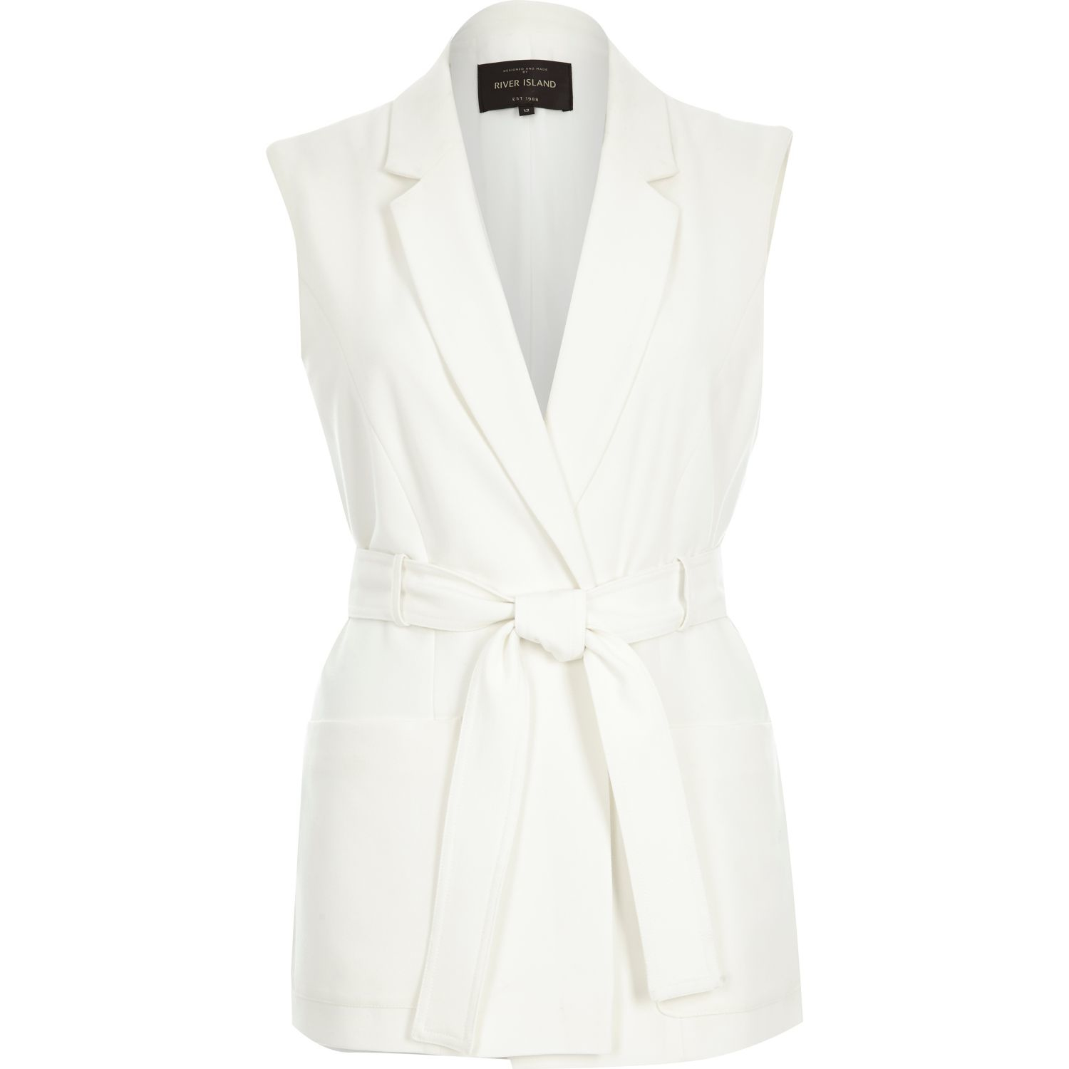 River island White Belted Sleeveless Jacket in White