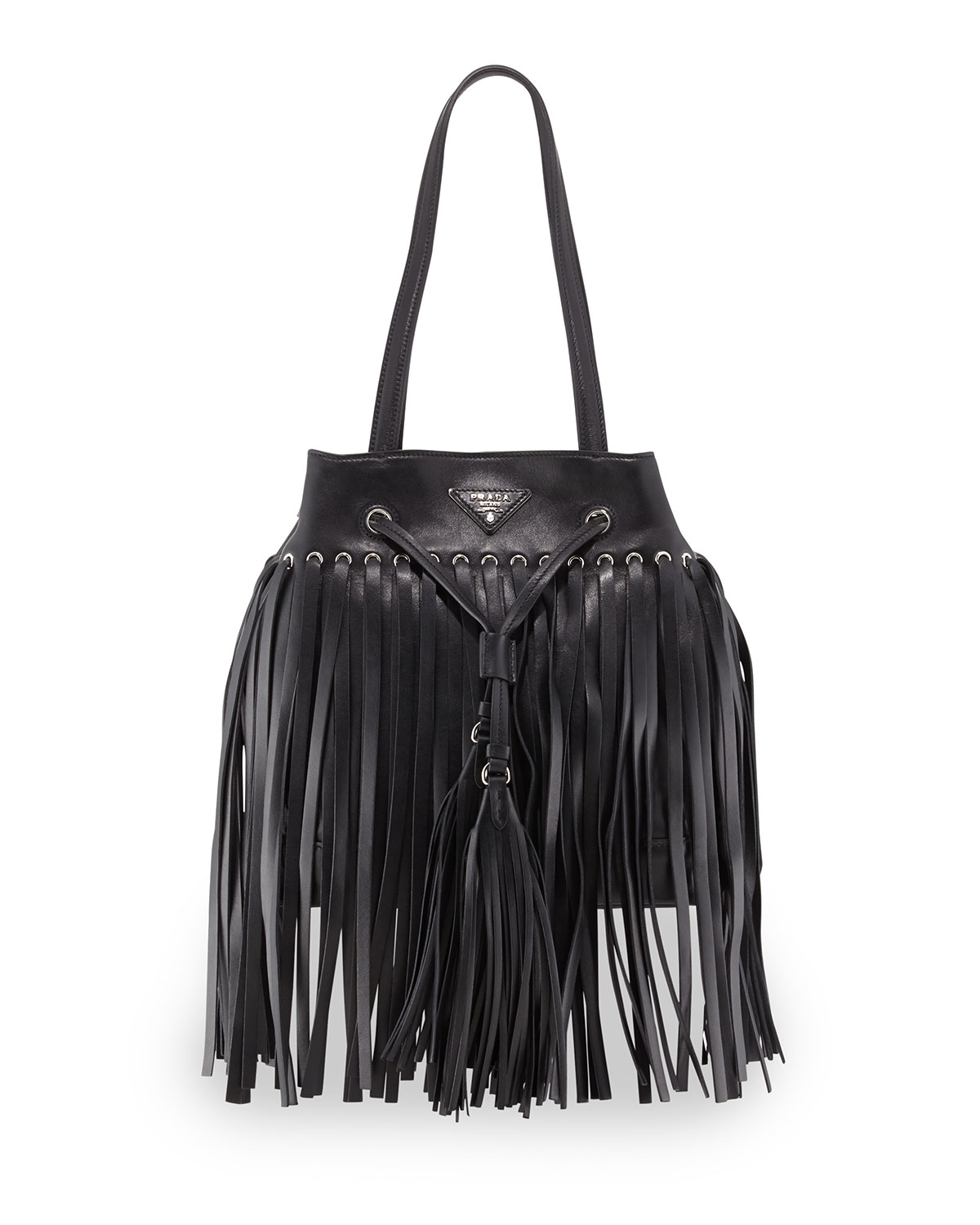 Lyst - Prada Soft Calf Leather Fringe Bucket Bag in Black