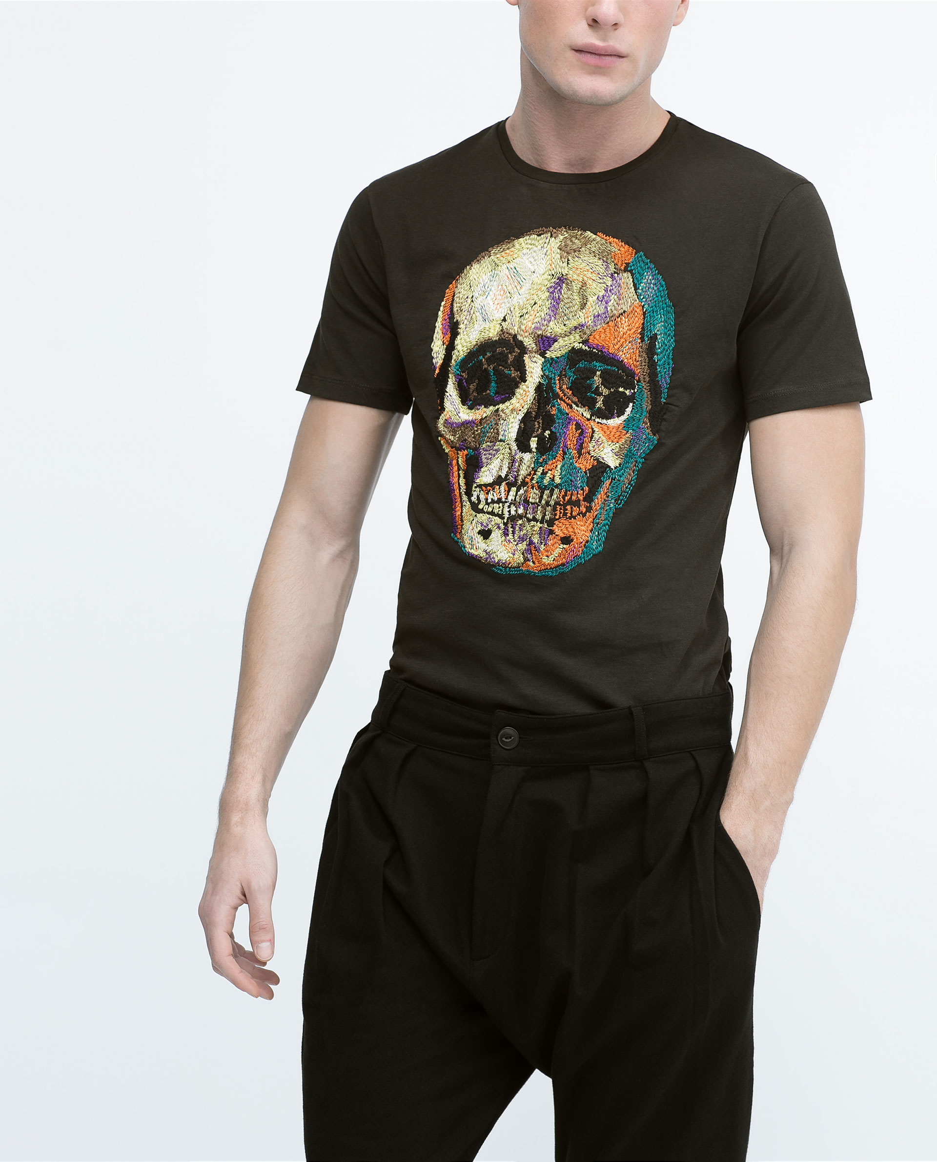 Zara Embroidered Skull T-Shirt in Gray for Men | Lyst