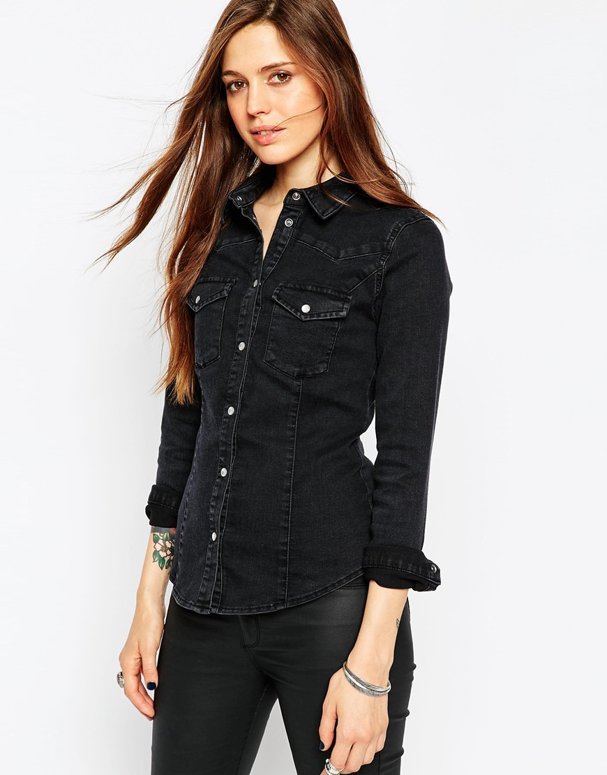 asos washedblack denim fitted western shirt in washed black product 1 245826939 normal