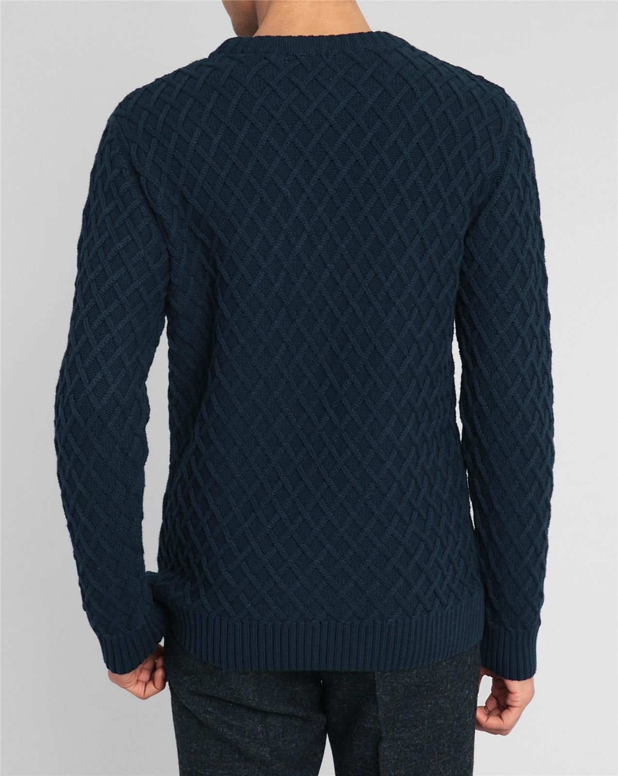 Knowledge cotton apparel Diamond Knit Navy Round Neck Sweater in Blue ...