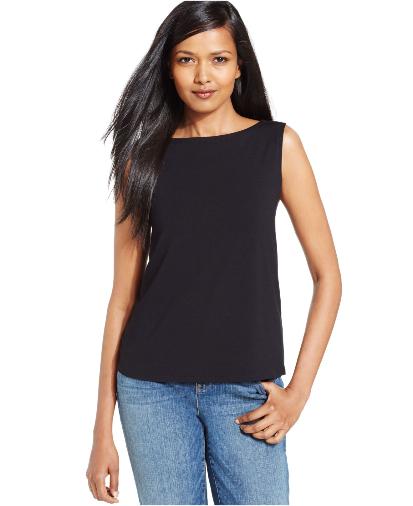 eileen fisher boat-neck sleeveless top in black lyst