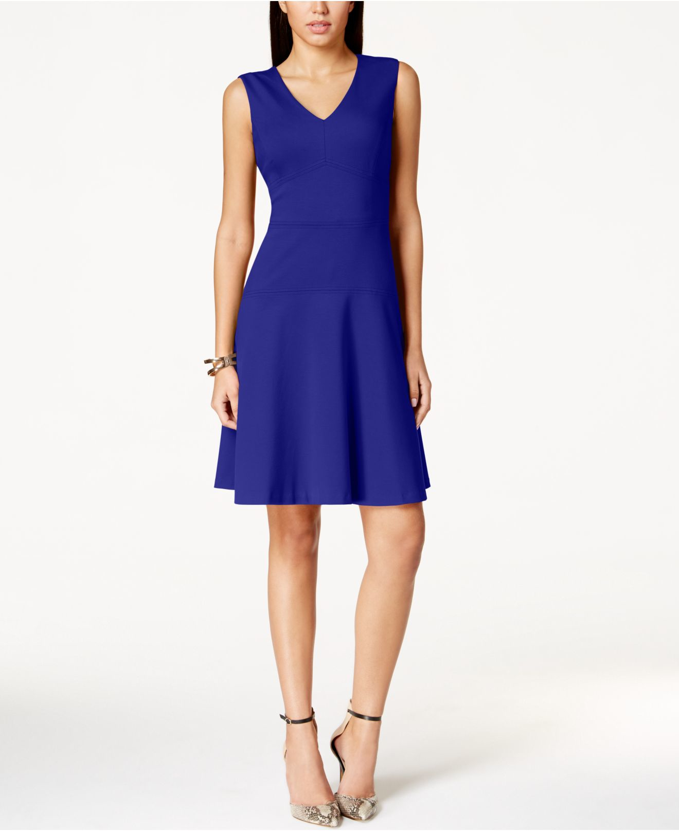 Nine west V-neck Fit & Flare Dress in Blue | Lyst