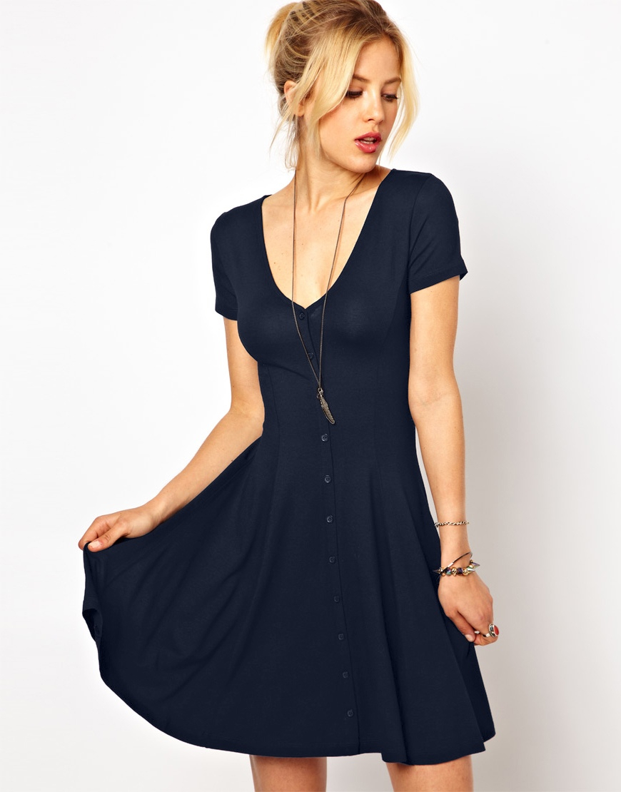 Asos Skater Dress With Buttons And Short Sleeves in Blue | Lyst