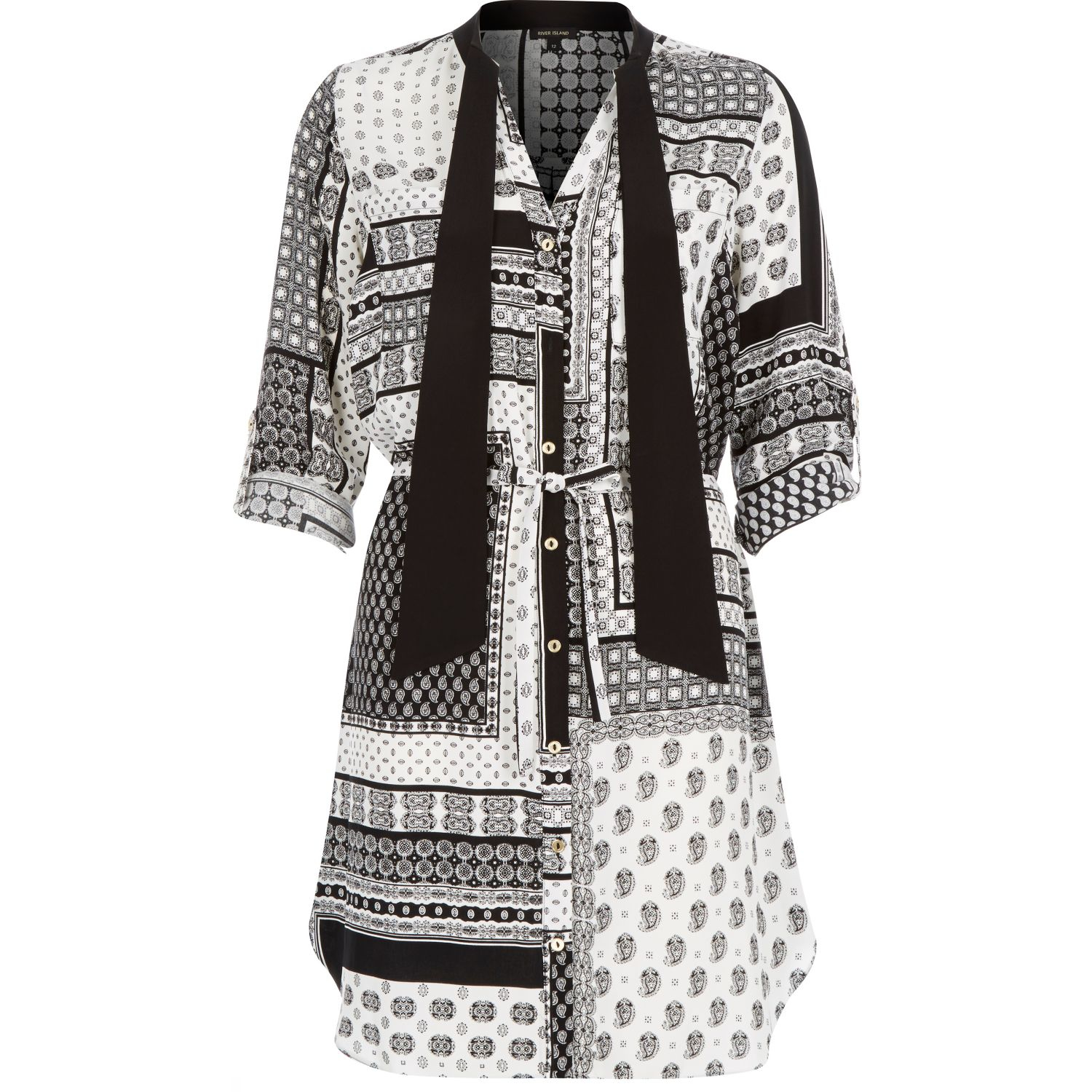 River Island Black Scarf Print Tie Neck Shirt Dress in White - Lyst