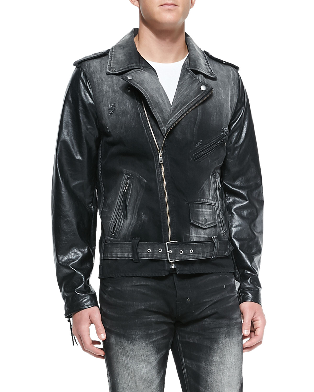 Prps Cruiser Denim Moto Jacket With Leather Sleeves In Blue For Gallery