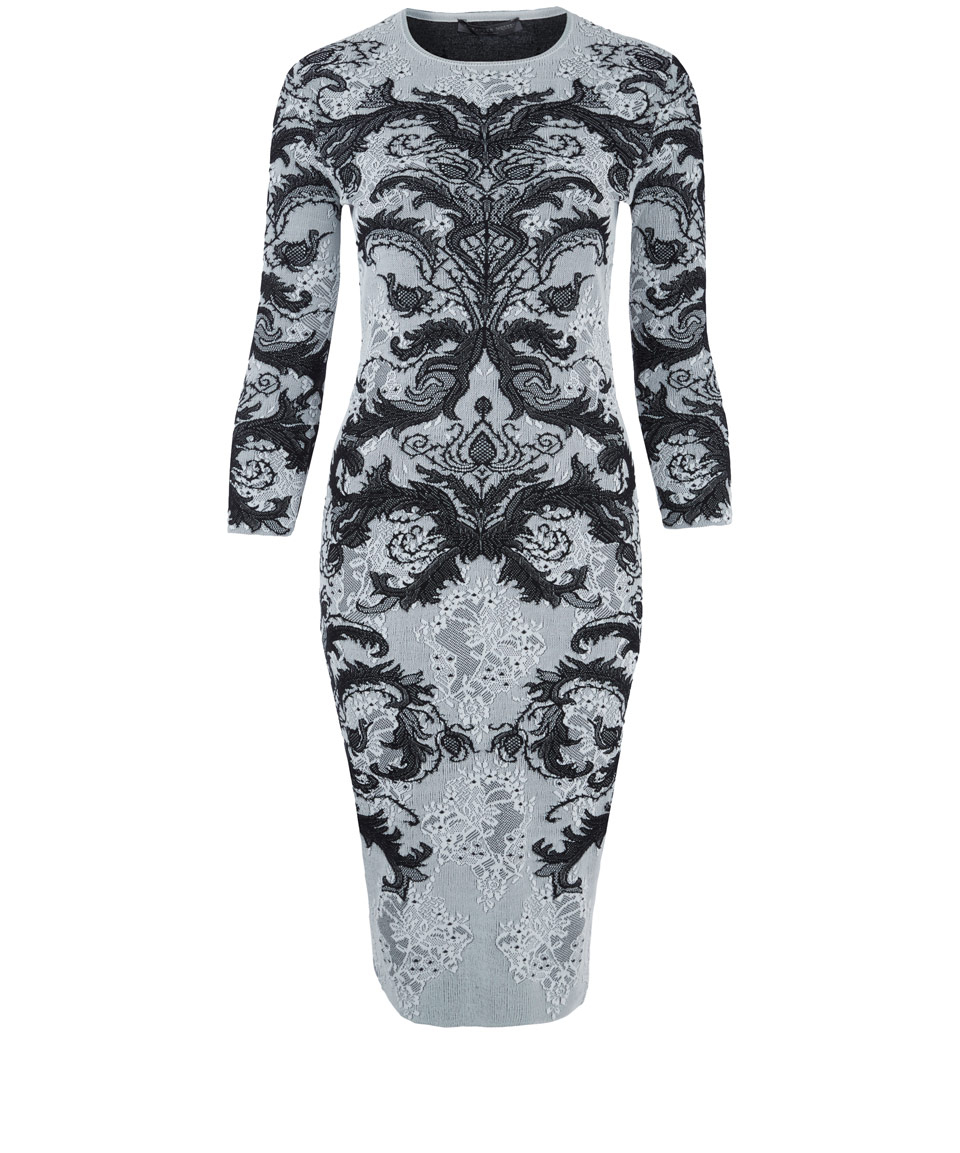 Alexander Mcqueen Black And White Lace Jacquard Pencil Dress in Black