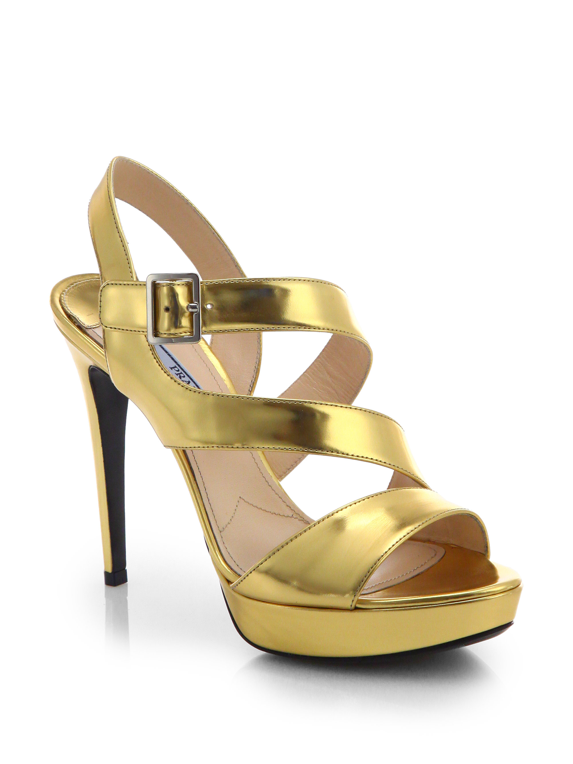 Prada Strappy Metallic Leather Sandals in Gold (ORO-GOLD) | Lyst  
