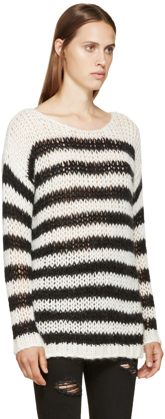 Saint laurent Black And Ivory Striped Mohair Sweater in White | Lyst