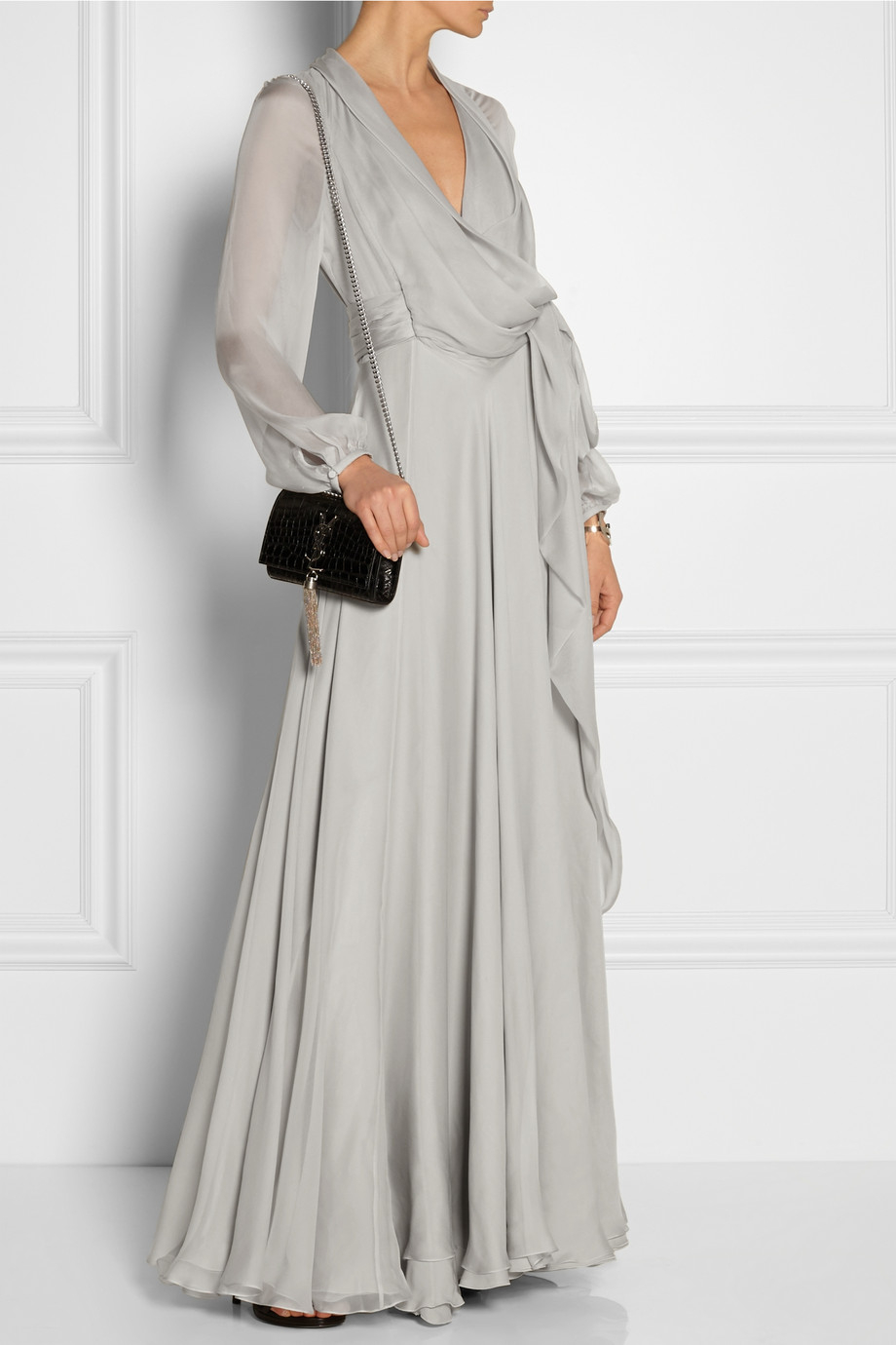 Lyst - Saint laurent Wrap-Effect Silk-Mousseline Gown in Gray
