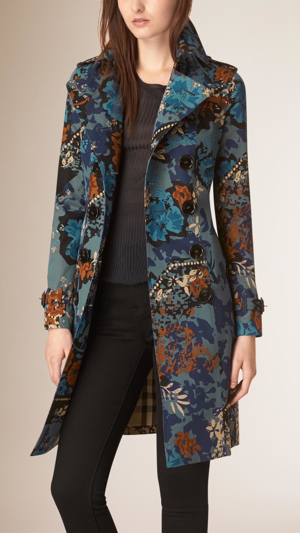 Burberry Floral Cotton Gabardine Trench Coat in Blue | Lyst