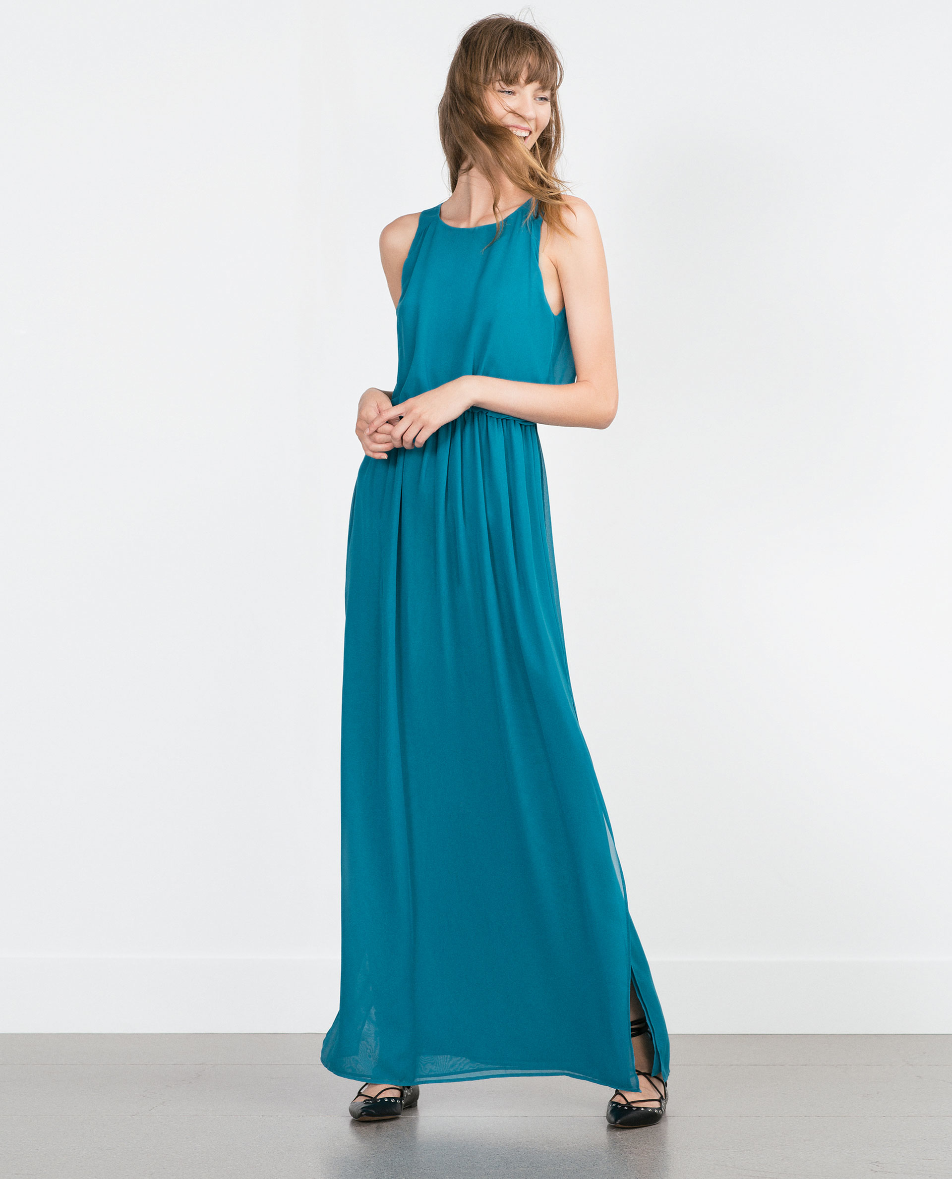 Zara Long Crepe Dress in Blue | Lyst