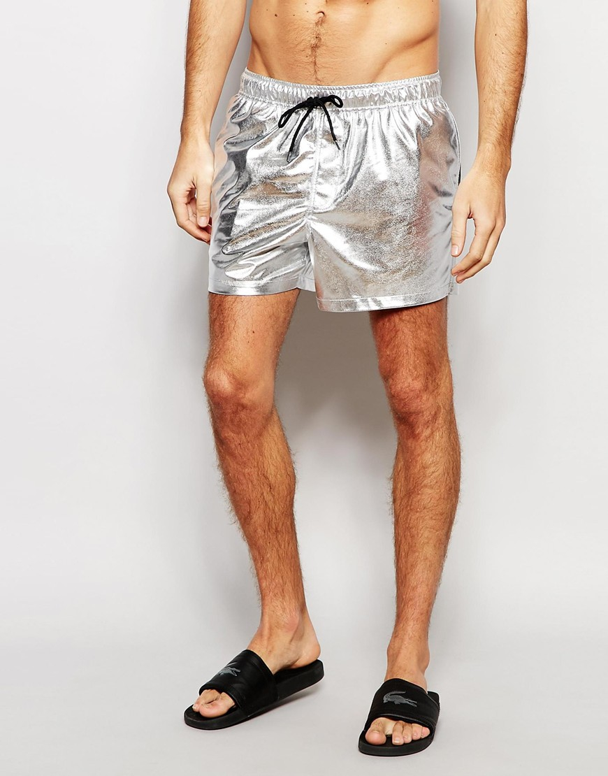Asos Short Length Swim Shorts In Metallic Silver in Metallic for Men Lyst