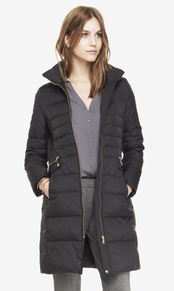 Express Hooded Faux Fur Trim Fitted Puffer Coat in Black (PITCH BLACK)