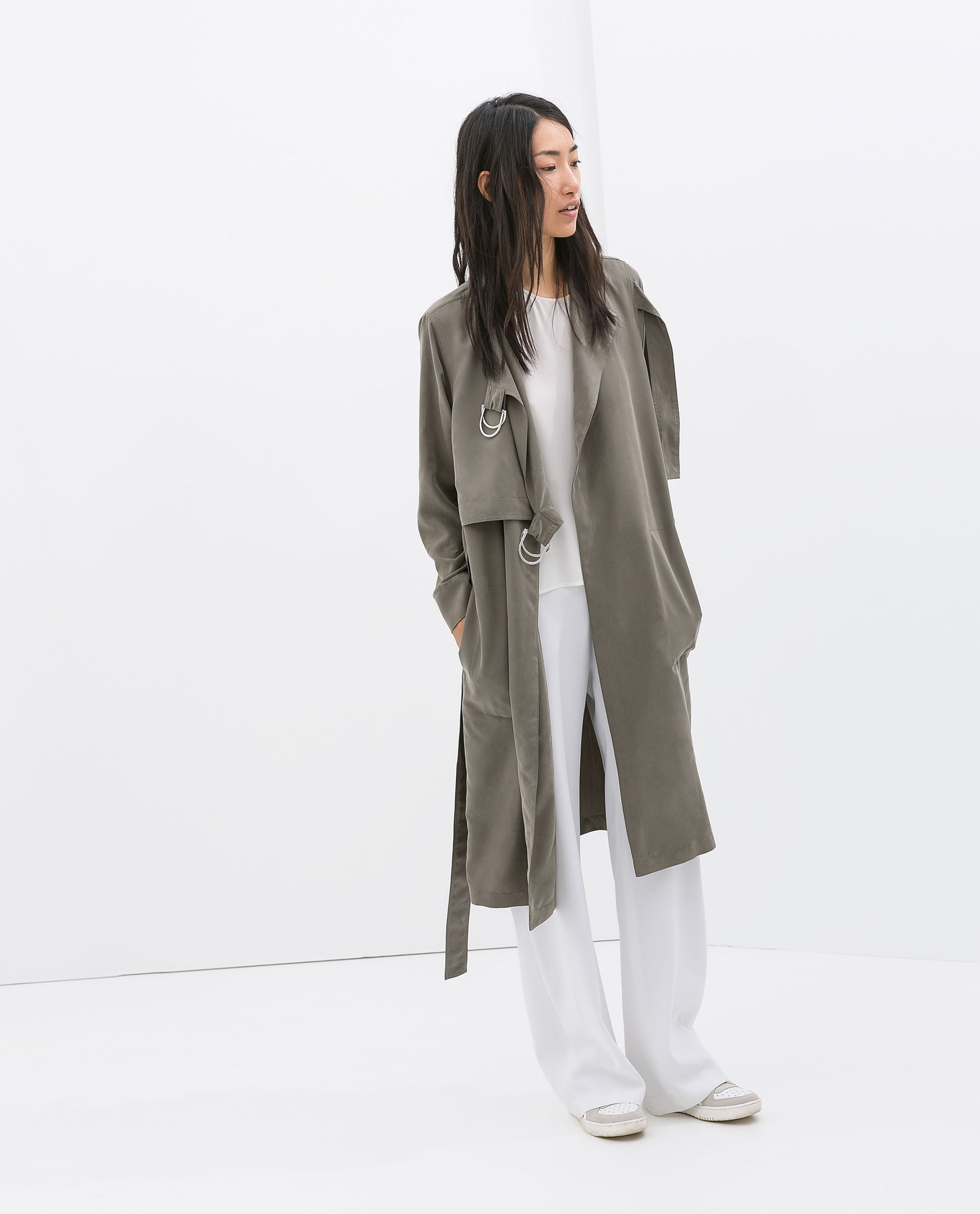Zara Loose Fit Trench Coat with Buckles in Green | Lyst