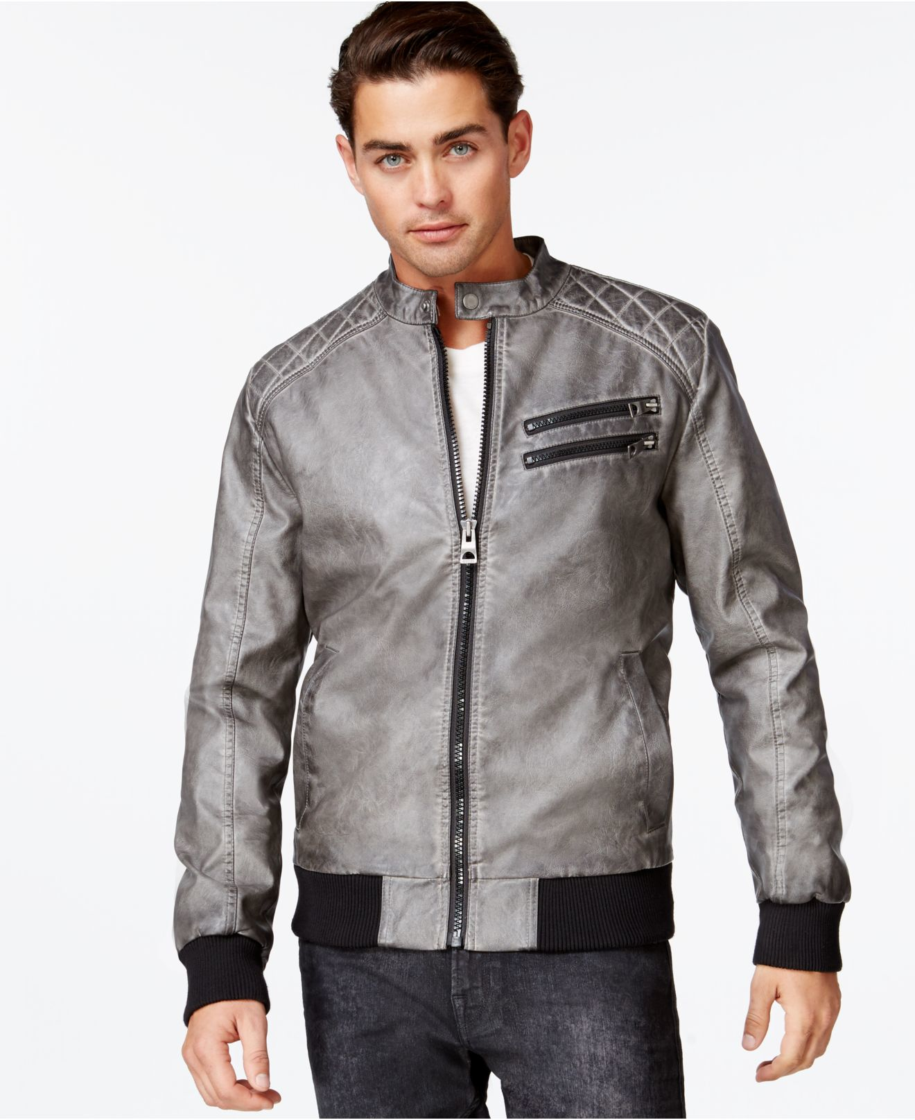 Lyst Guess Quilted Faux Leather Er Jacket In Gray For Men Gallery
