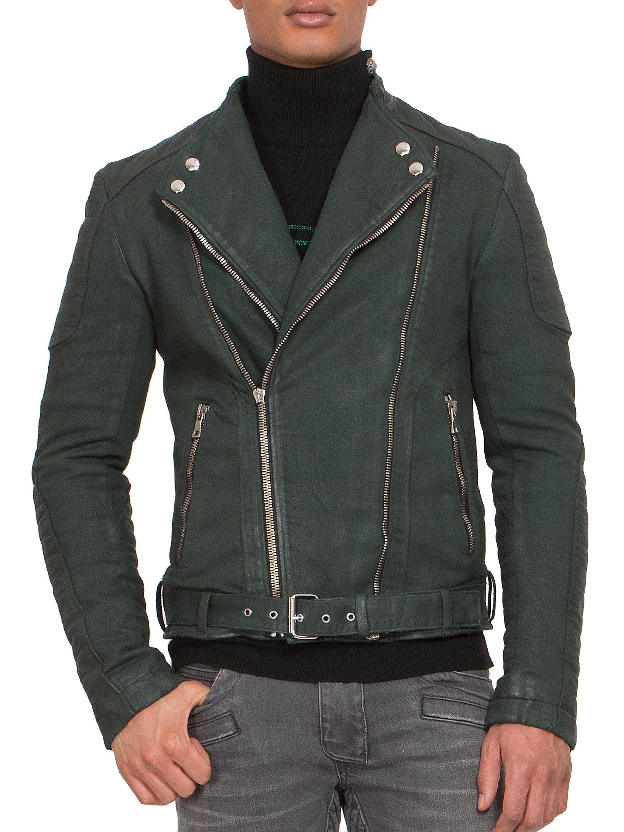 Lyst - Balmain Quilted Coated Denim Biker Jacket in Green for Men