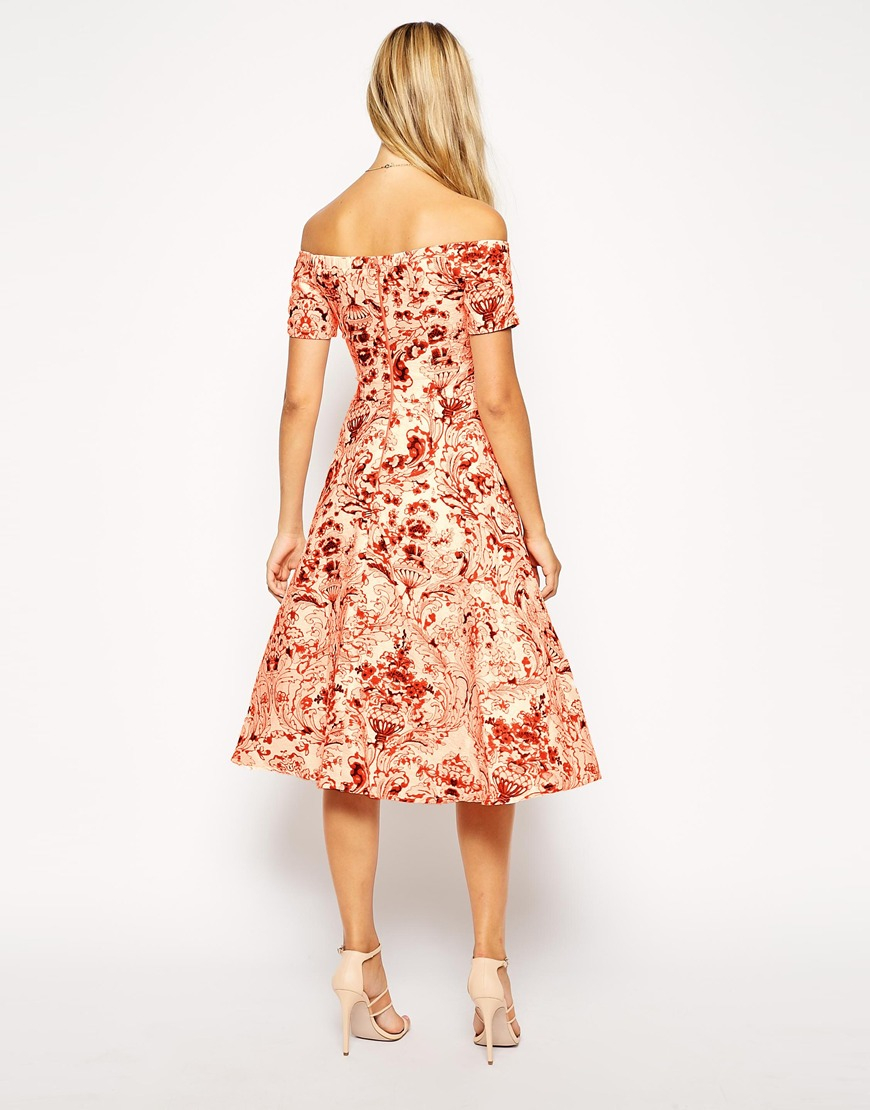 Asos Porcelain Print Bardot Midi Prom Dress In Orange Lyst