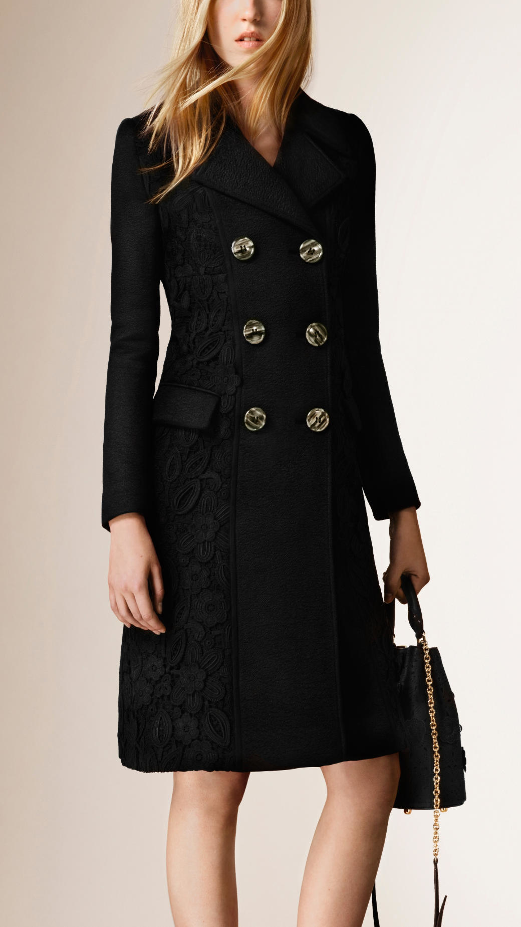 Burberry Lace Detail Cashmere Coat in Black | Lyst
