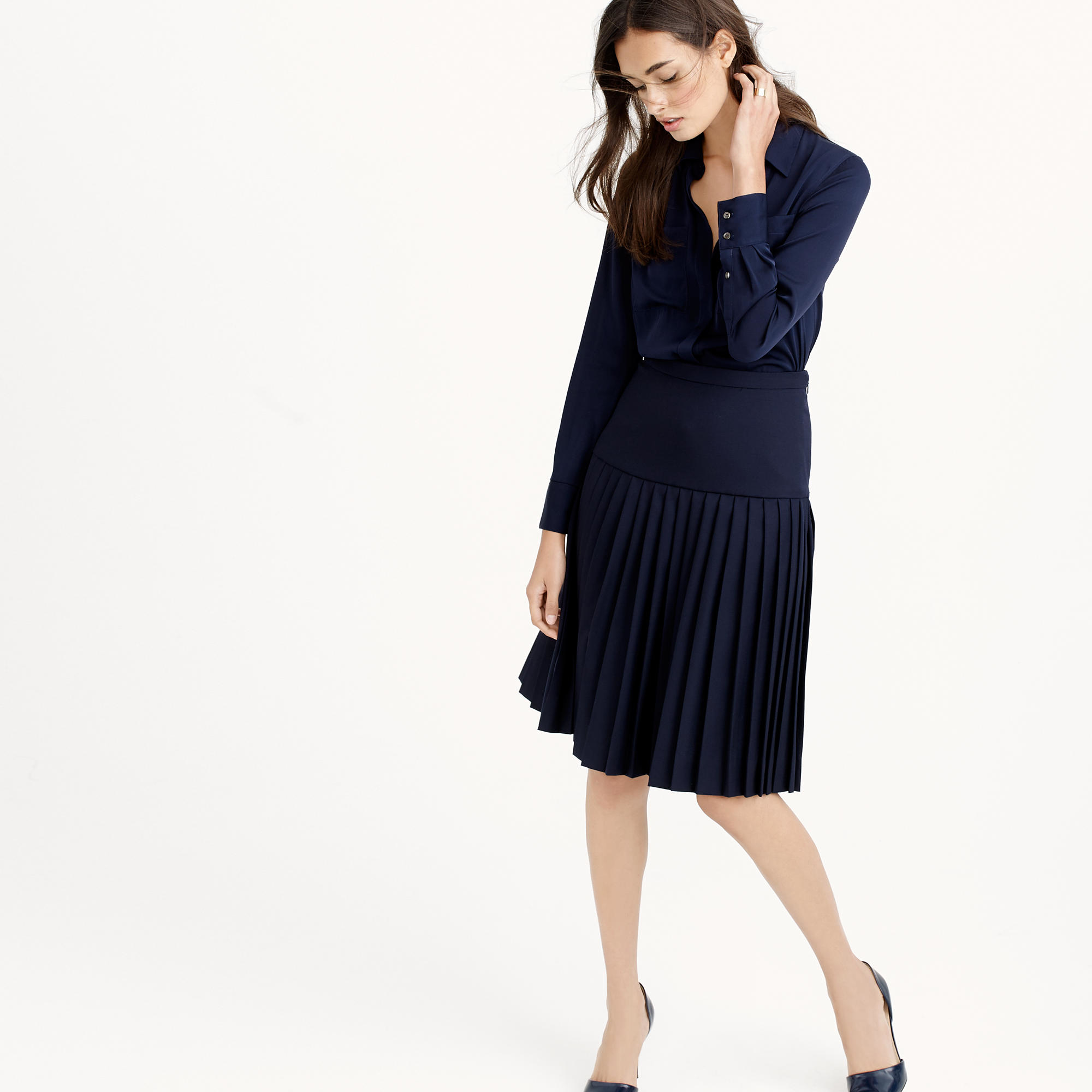 Jcrew Drop Waist Pleated Skirt In Super 120s Wool In Blue Lyst