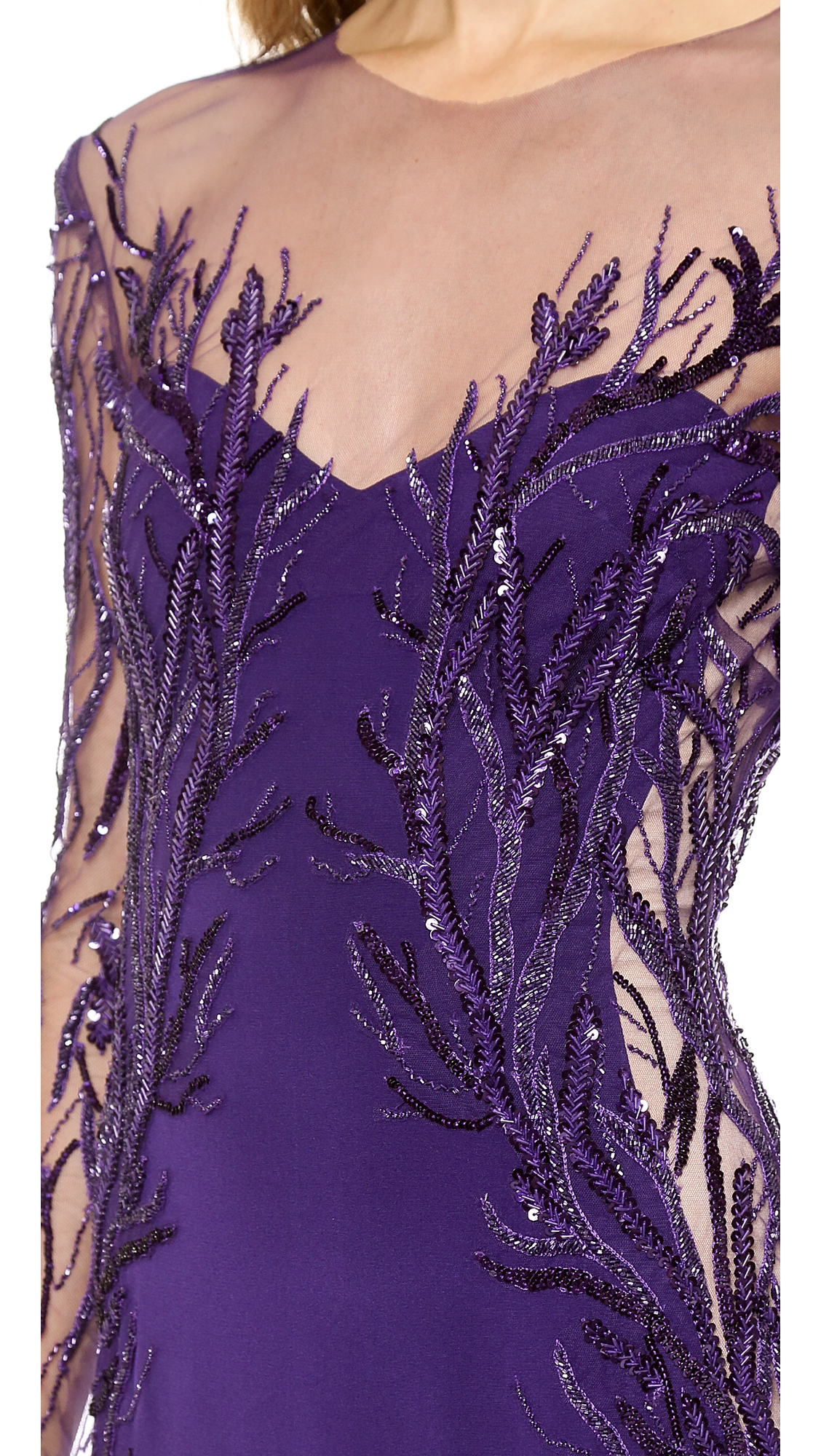 Lyst - Reem Acra Long Sleeve Embroidered Illusion Column Gown - Violet ...