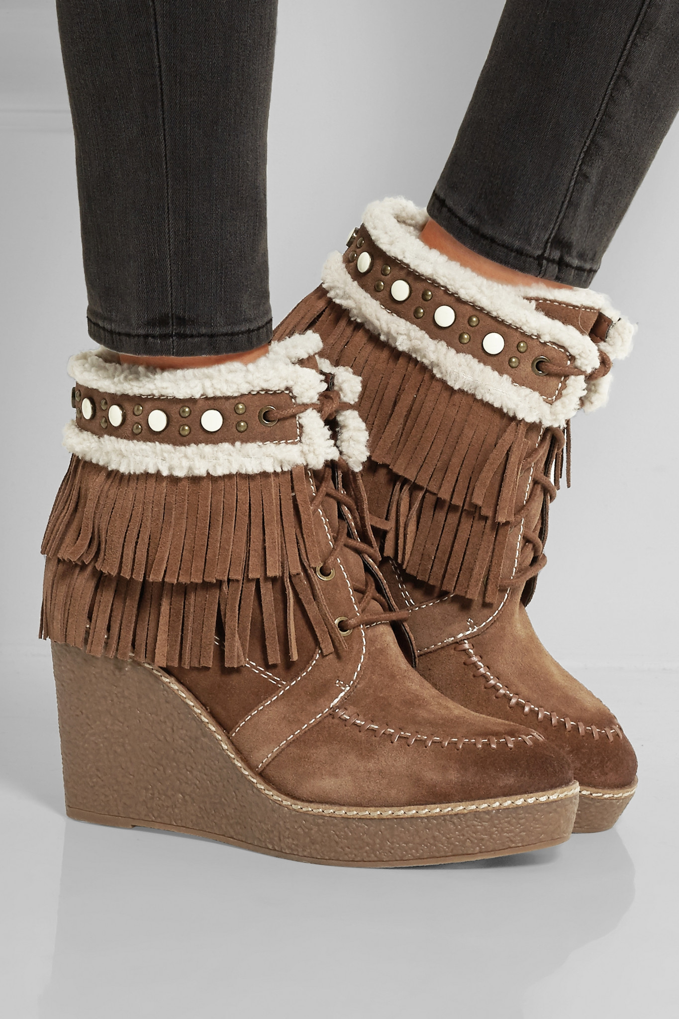 Lyst - Sam Edelman - Kemper Faux Shearling-lined Fringed Suede Wedge ...