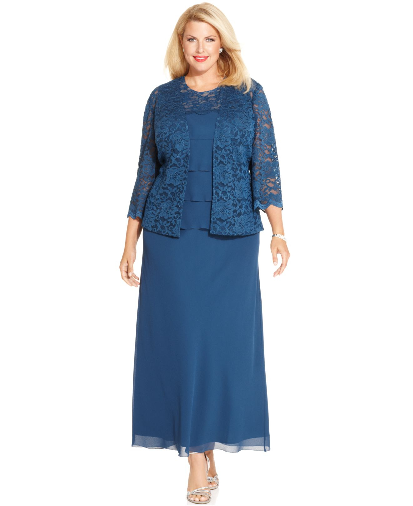 lyst-alex-evenings-plus-size-lace-tiered-dress-and-jacket-in-blue