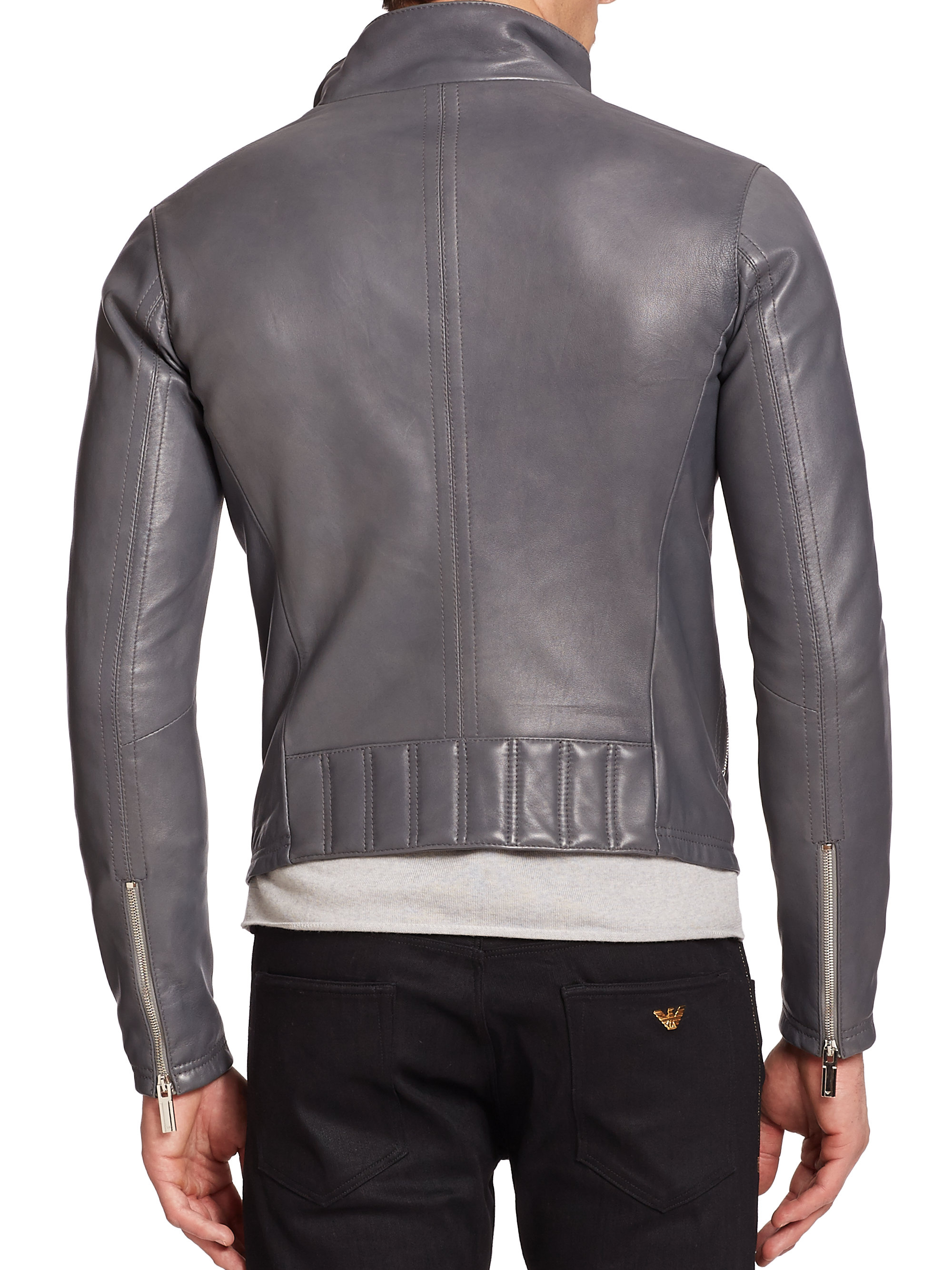 Lyst Emporio Armani Asymmetrical Zip Leather Jacket In Gray For Men 