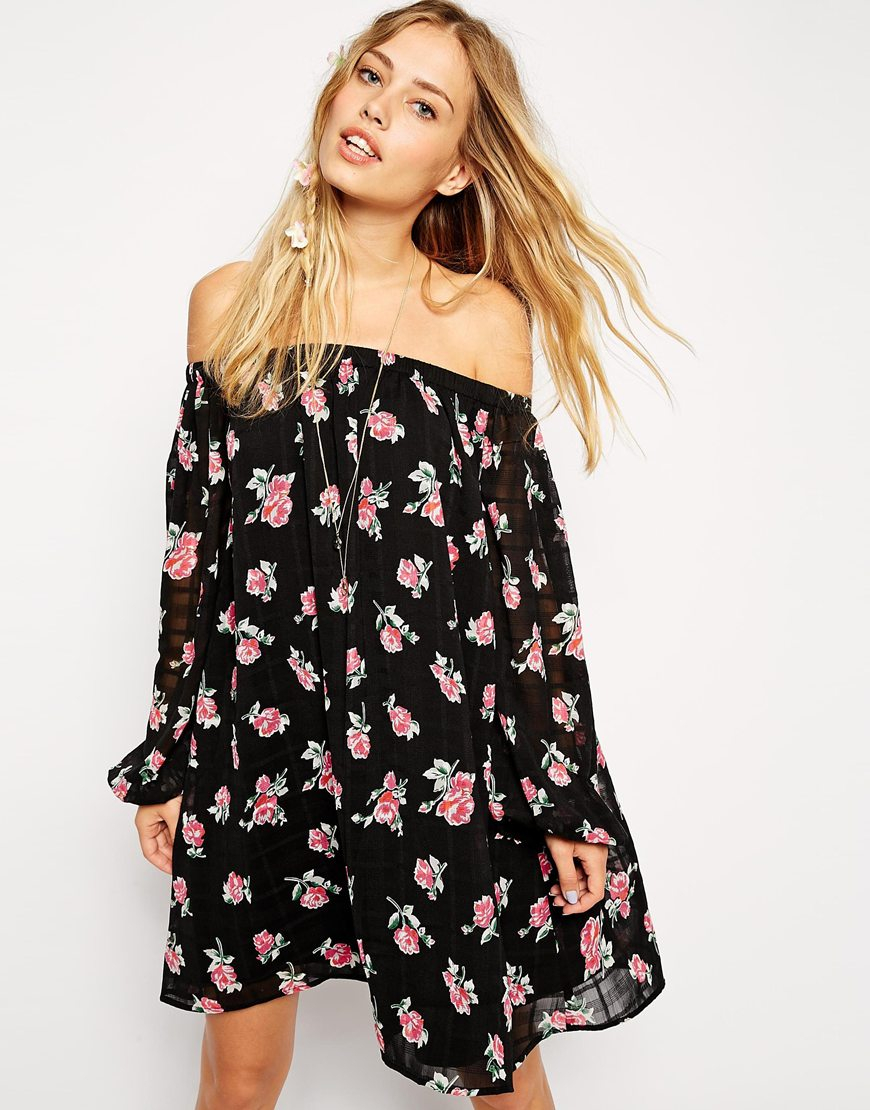 Lyst - Asos Gypsy Swing Dress With Off Shoulder Sleeves In Floral Print