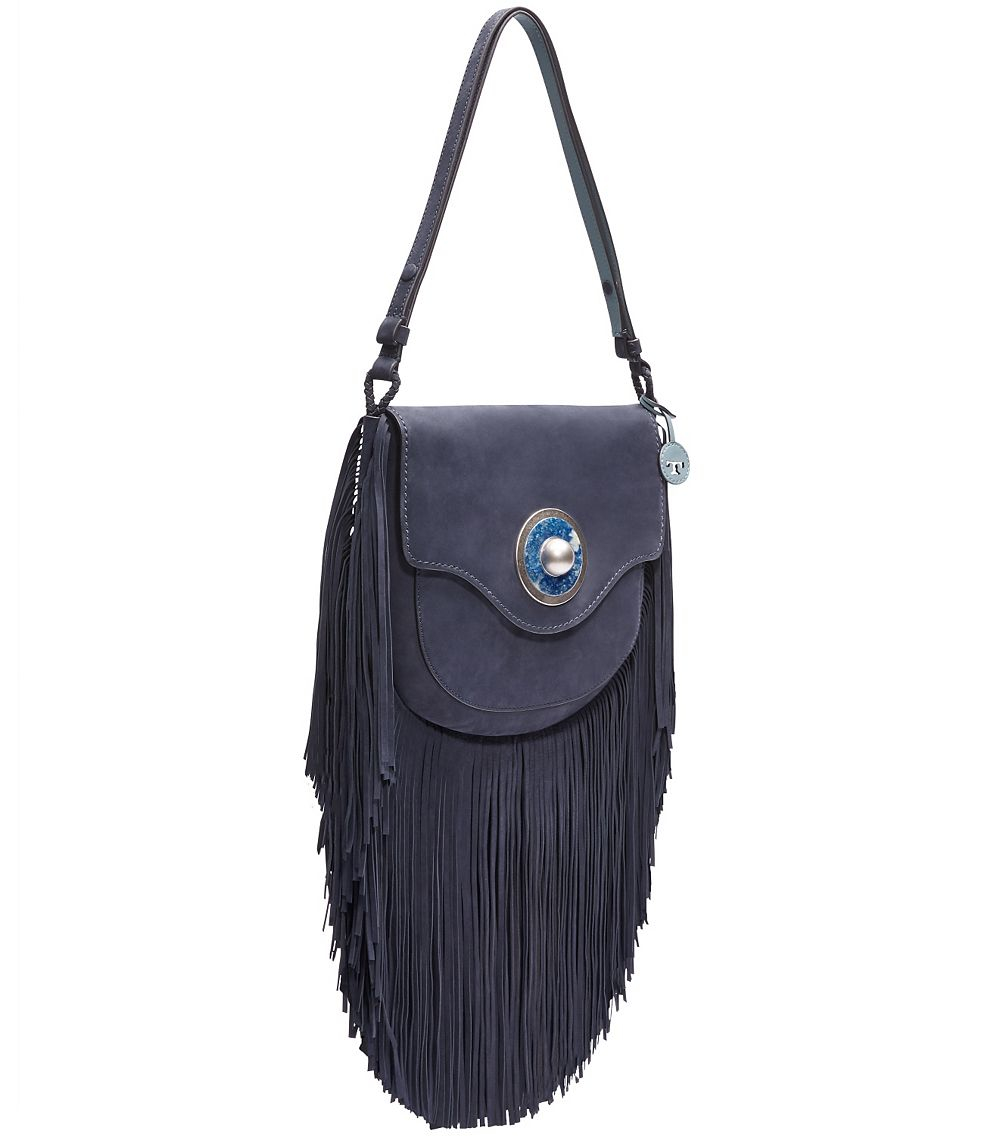Lyst Tory Burch Fringe Suede Shoulder Bag In Blue Gallery Women S Fringed Bags