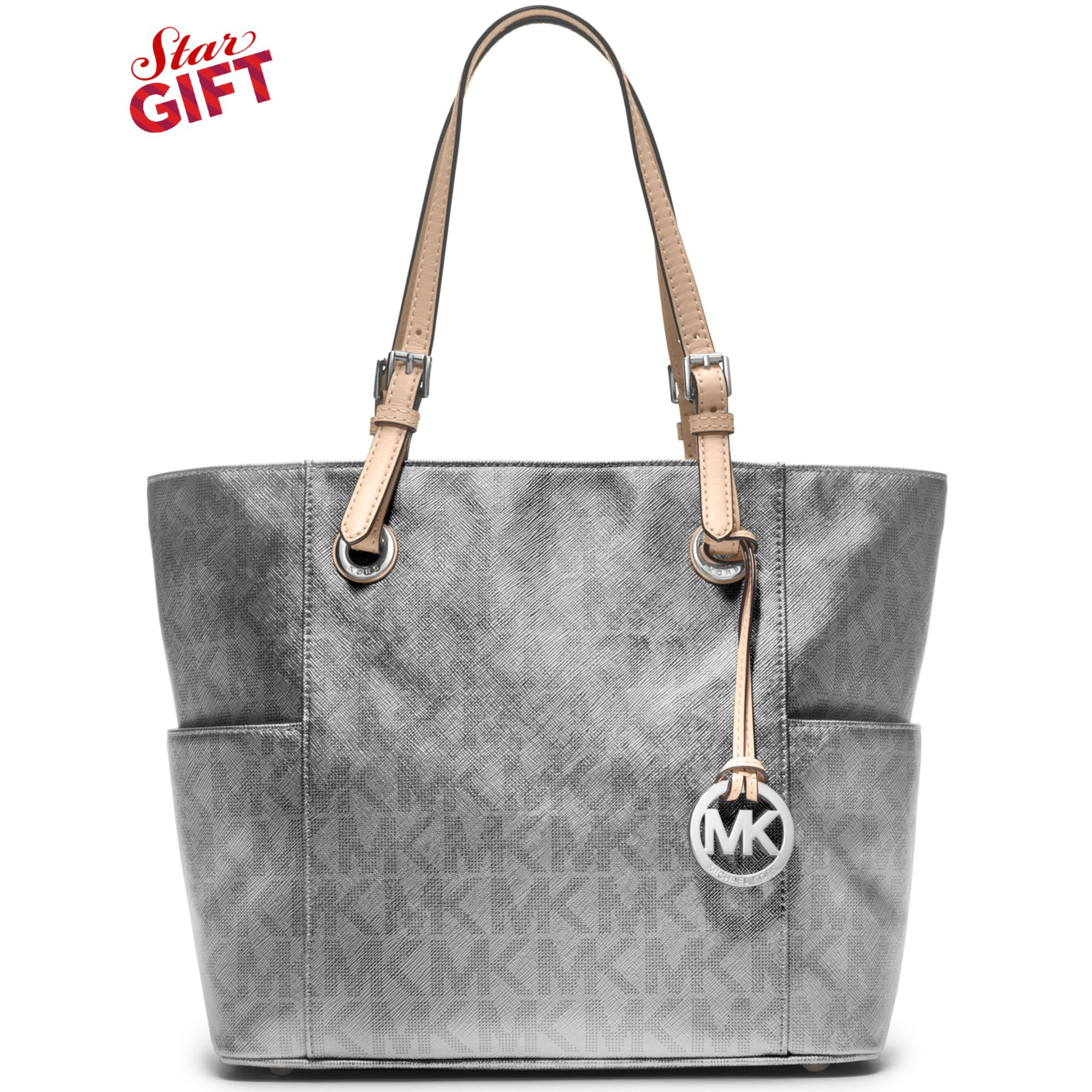 Lyst Michael Kors Signature Metallic East West Tote In Gray Gallery