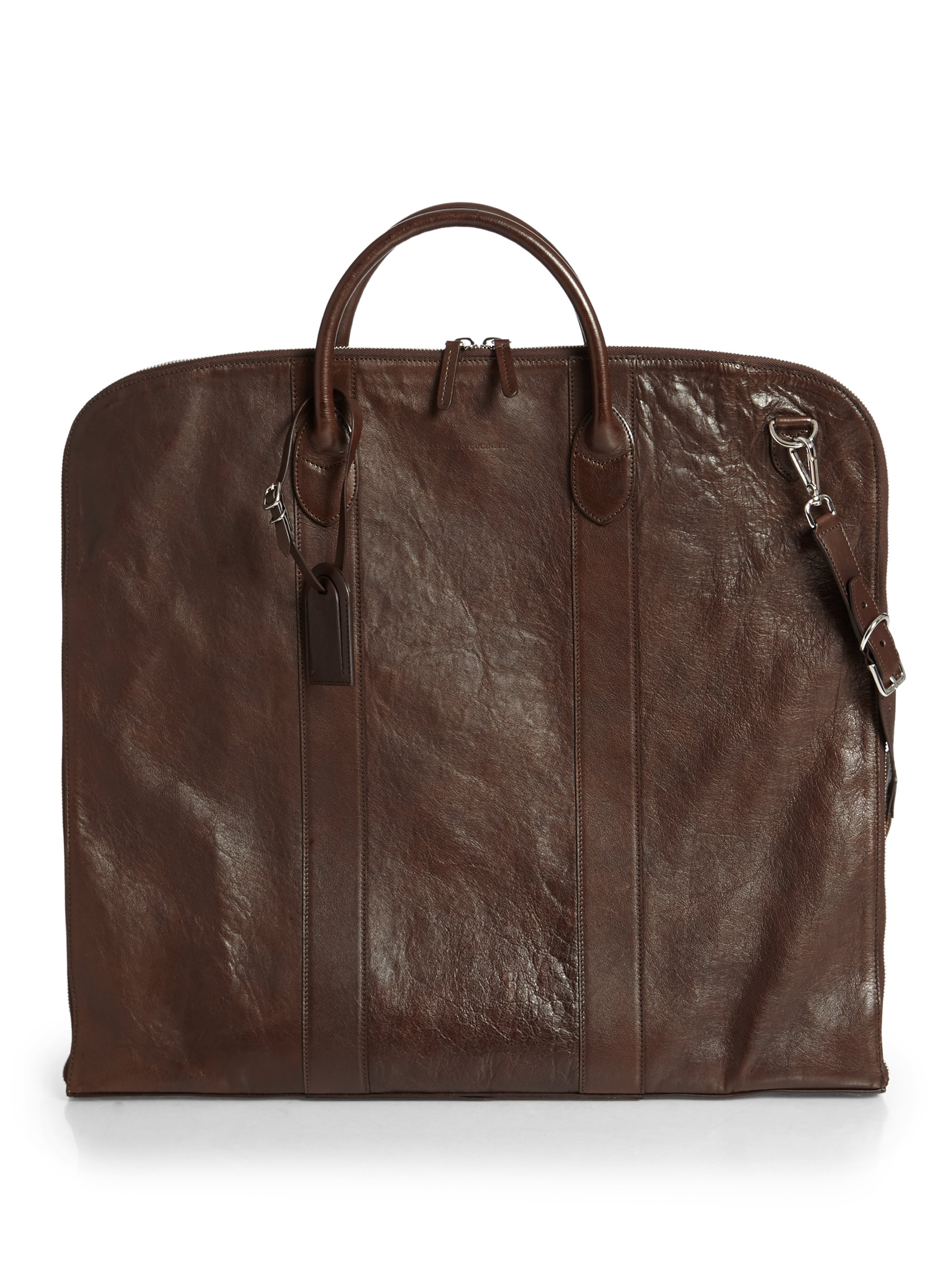 Lyst - Brunello Cucinelli Buffed Leather & Cotton Garment Bag in Brown ...