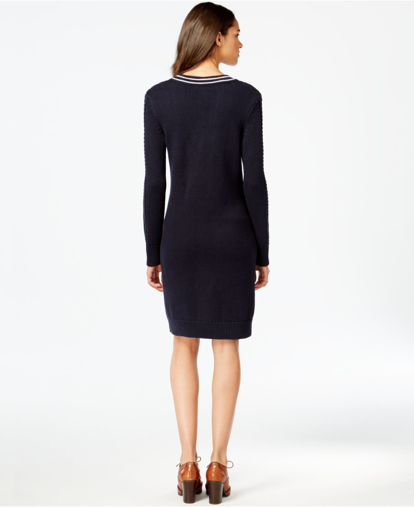 Lyst - Tommy Hilfiger Cable-knit V-neck Sweater Dress in Blue
