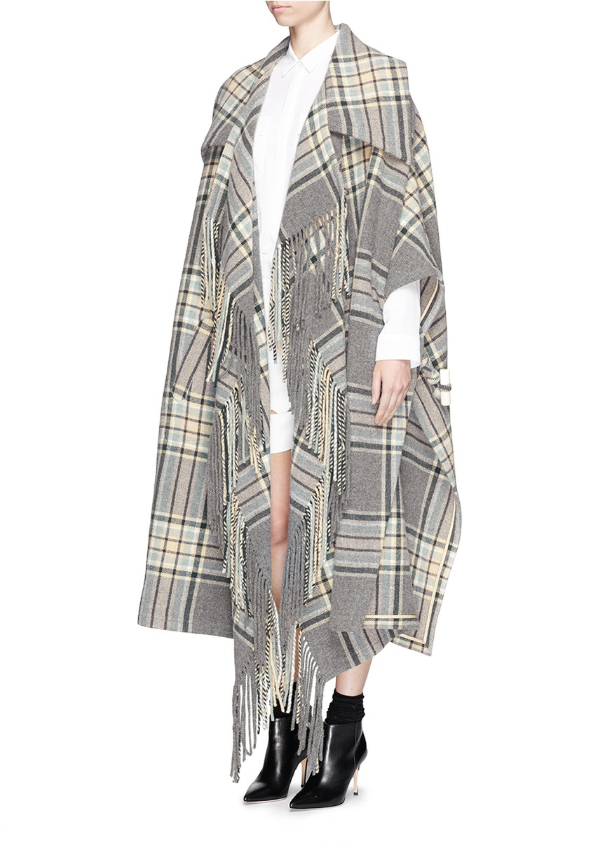 Lyst Chloé Check Plaid Fringe Blanket Cape Coat in Gray