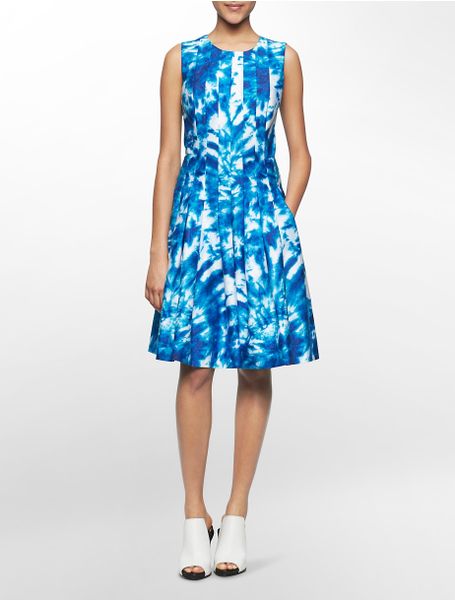 Calvin Klein White Label Abstract Floral Print Sleeveless Fit Flare Dress In Blue Blue Floral