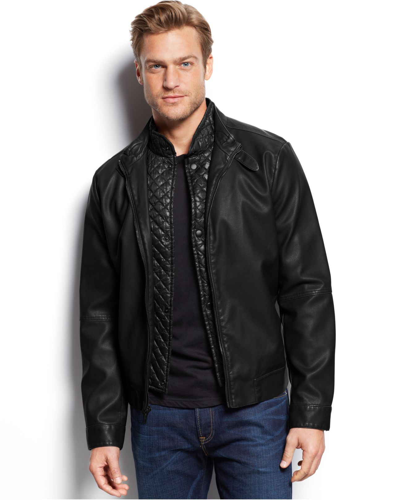 Kenneth cole Quilted-bib Faux-leather Moto Jacket in Black for Men | Lyst