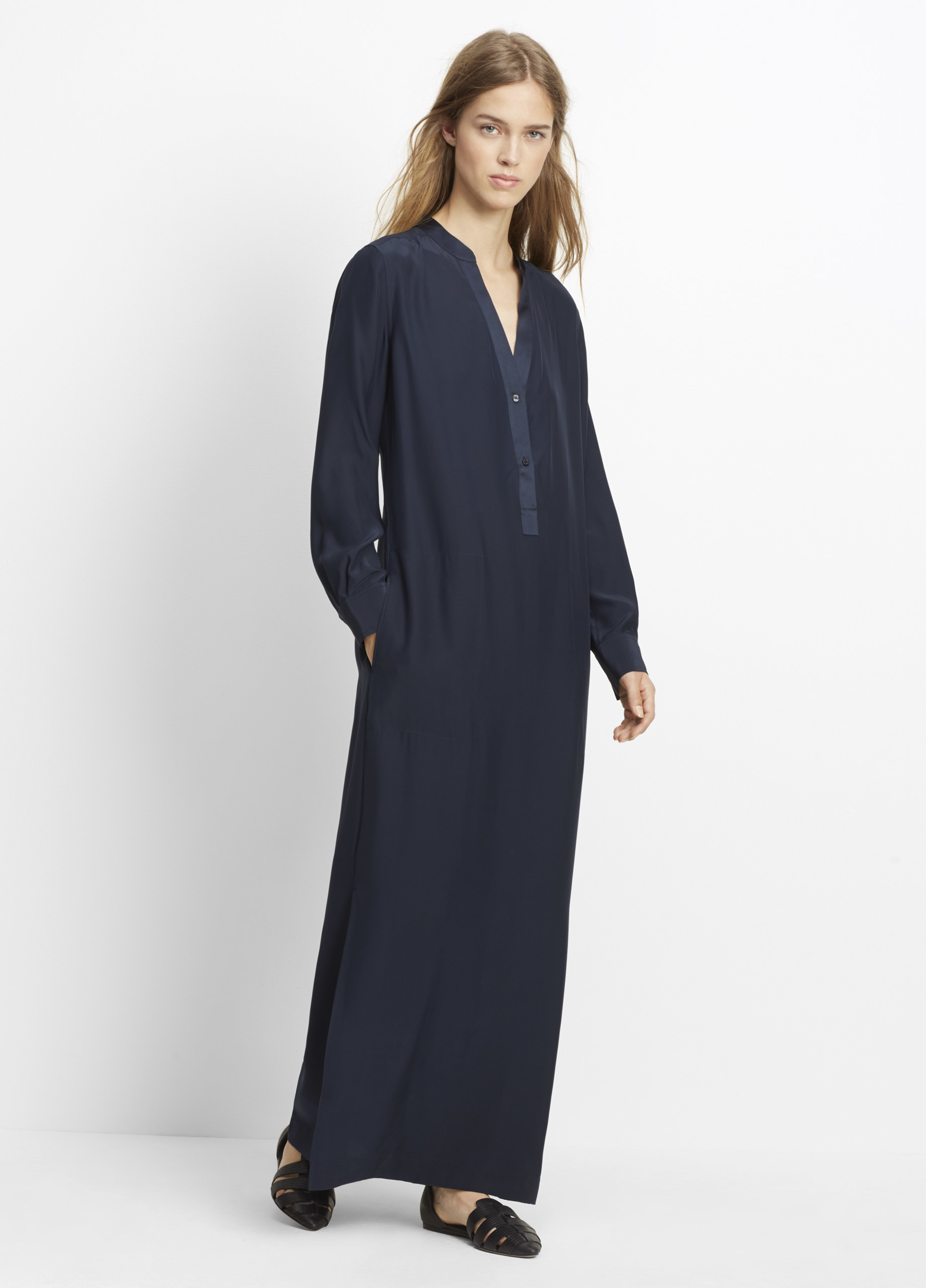 Lyst Vince Silk Satin Long Sleeve Maxi Dress In Blue