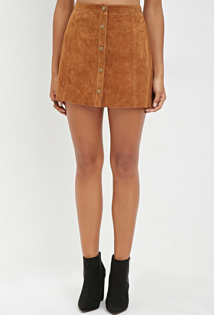 Forever 21 Genuine Suede Buttoned Skirt in Brown (Tan) | Lyst