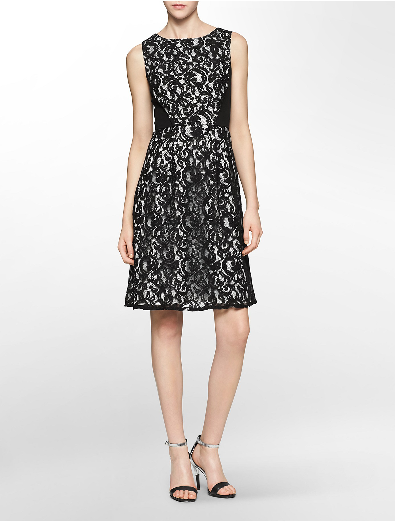 Calvin klein White Label Lace Sleeveless Fit + Flare Dress in Black | Lyst