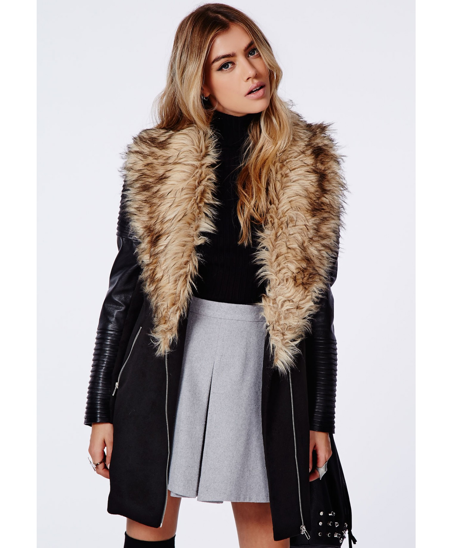 Lyst - Missguided Orla Faux Fur Leather Biker Sleeve Coat Black in Black