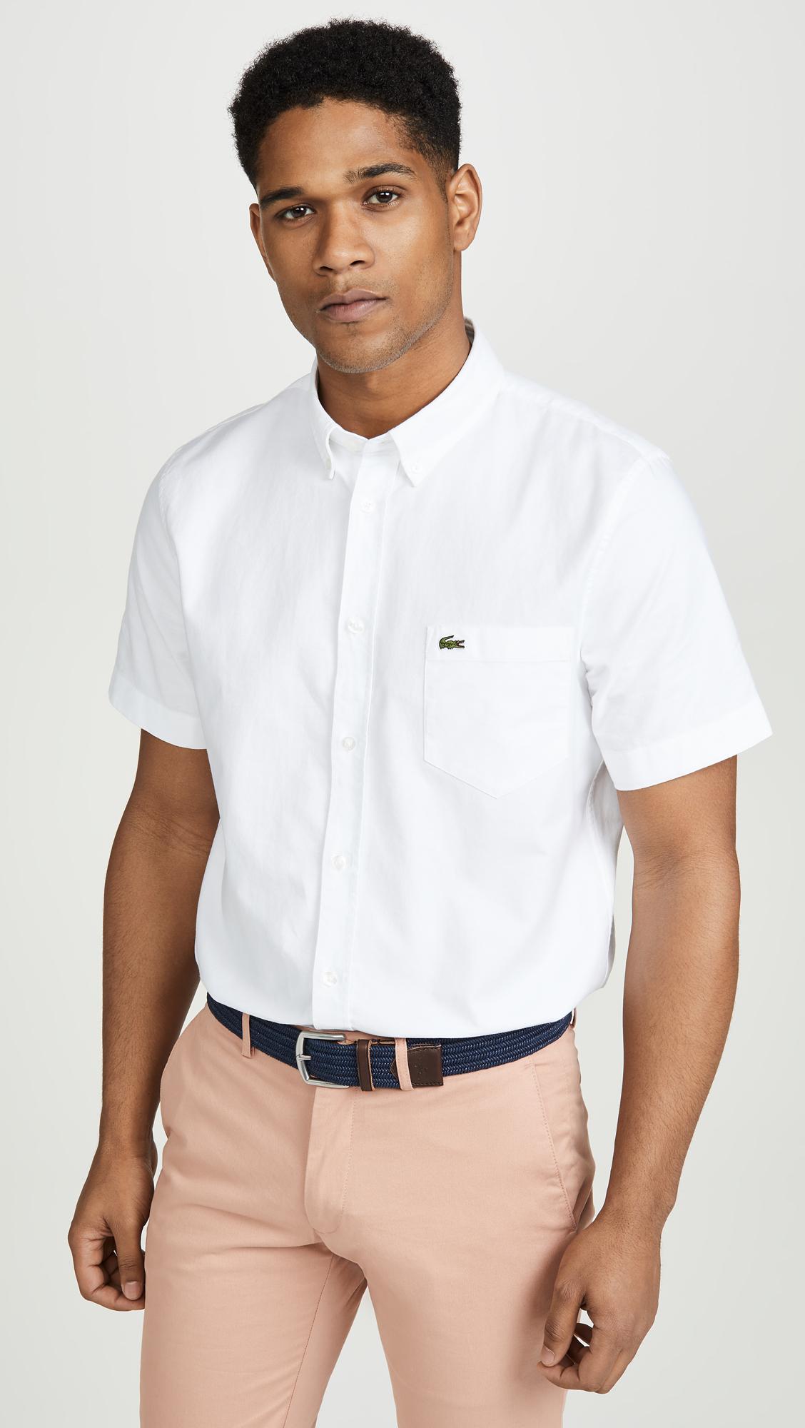 Lacoste Short Sleeve Button Down Oxford Shirt in White for Men - Lyst