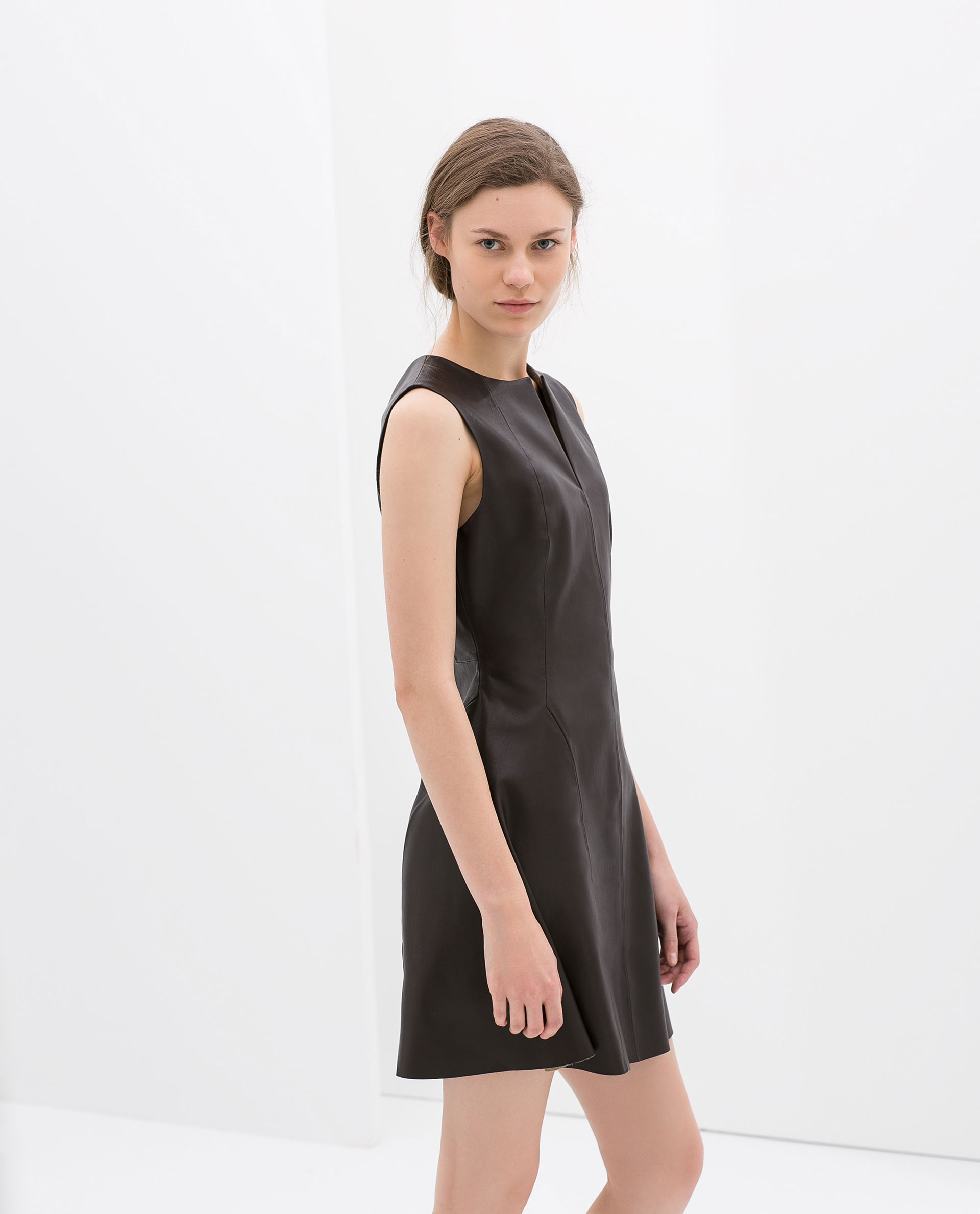 Zara Seamed Faux Leather Dress in Brown | Lyst