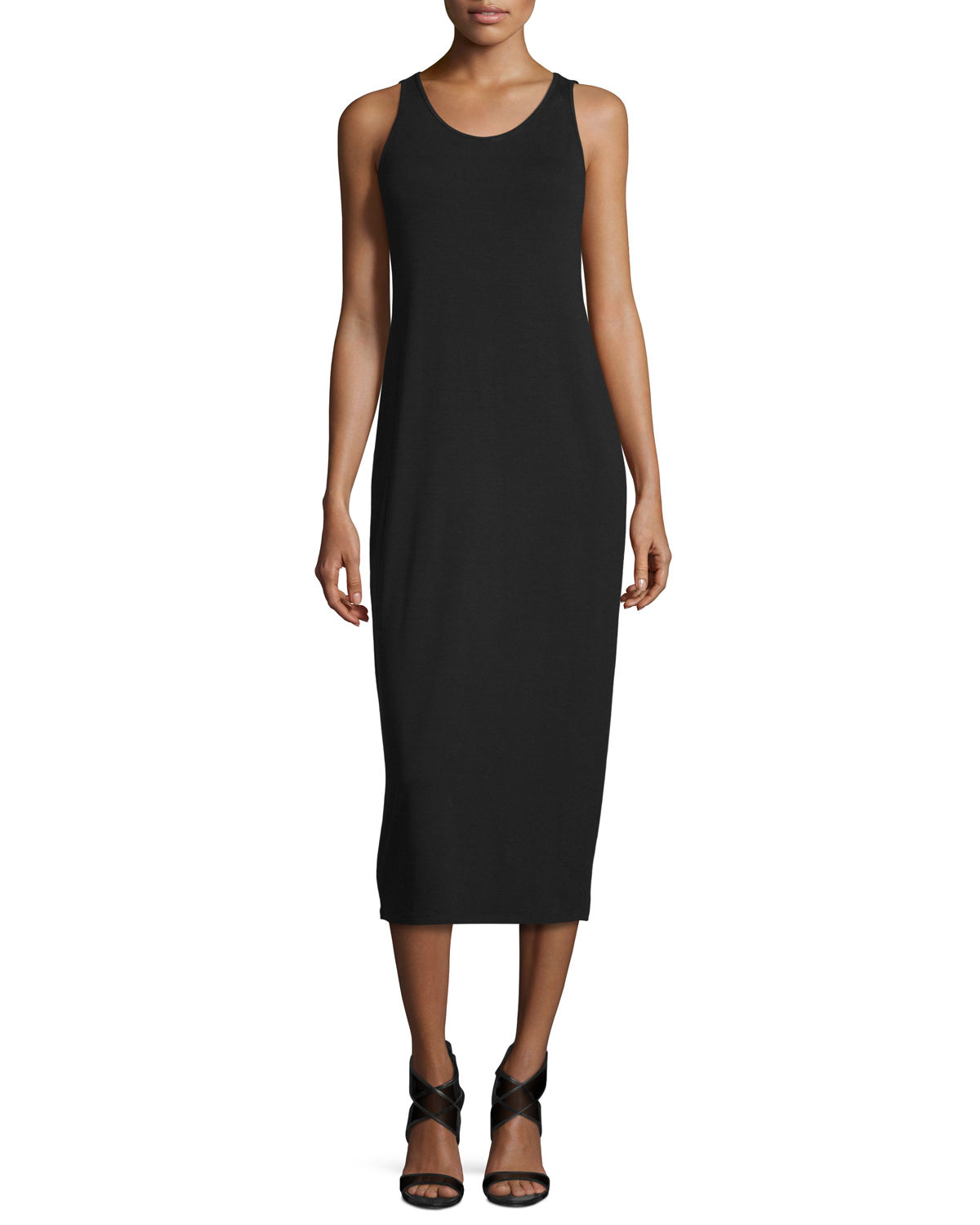 Eileen fisher Sleeveless Scoop-neck Midi Dress in Gray (BLACK) | Lyst