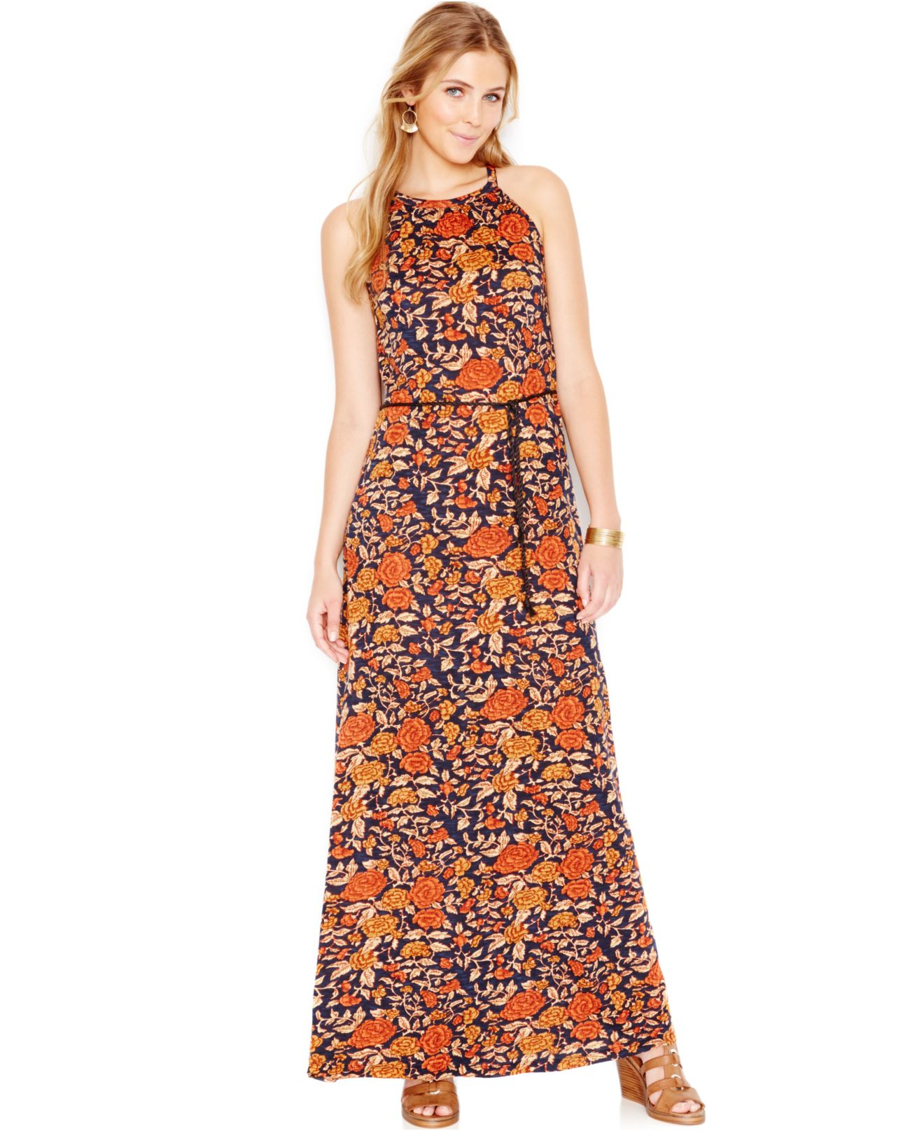 Lucky brand Lucky Brand Printed Belted Maxi Dress in Brown  Lyst