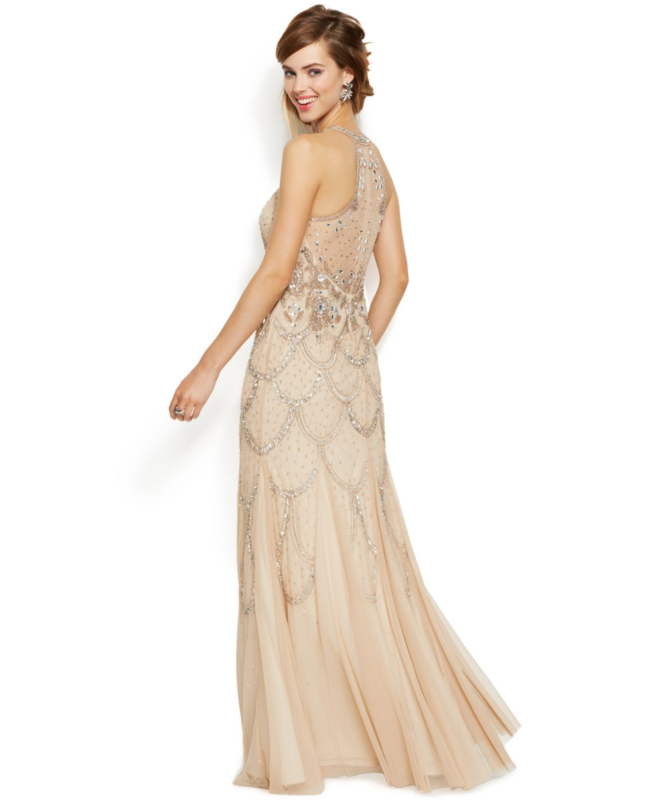 Lyst - Adrianna Papell Embellished Chiffon Illusion Gown in Natural